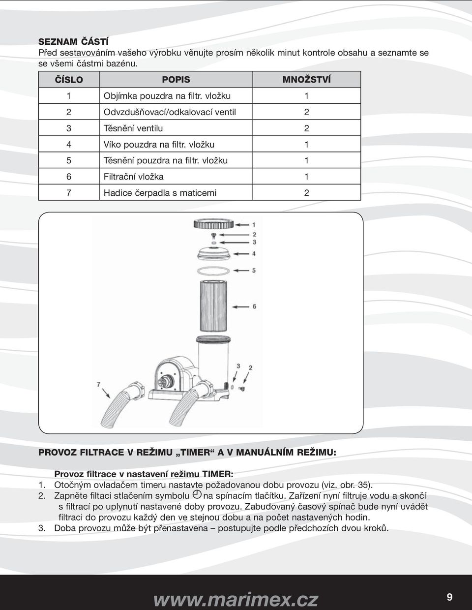 vložku 1 6 Filtrační vložka 1 7 Hadice čerpadla s maticemi 2 PROVOZ FILTRACE V REŽIMU TIMER A V MANUÁLNÍM REŽIMU: Provoz filtrace v nastavení režimu TIMER: 1.