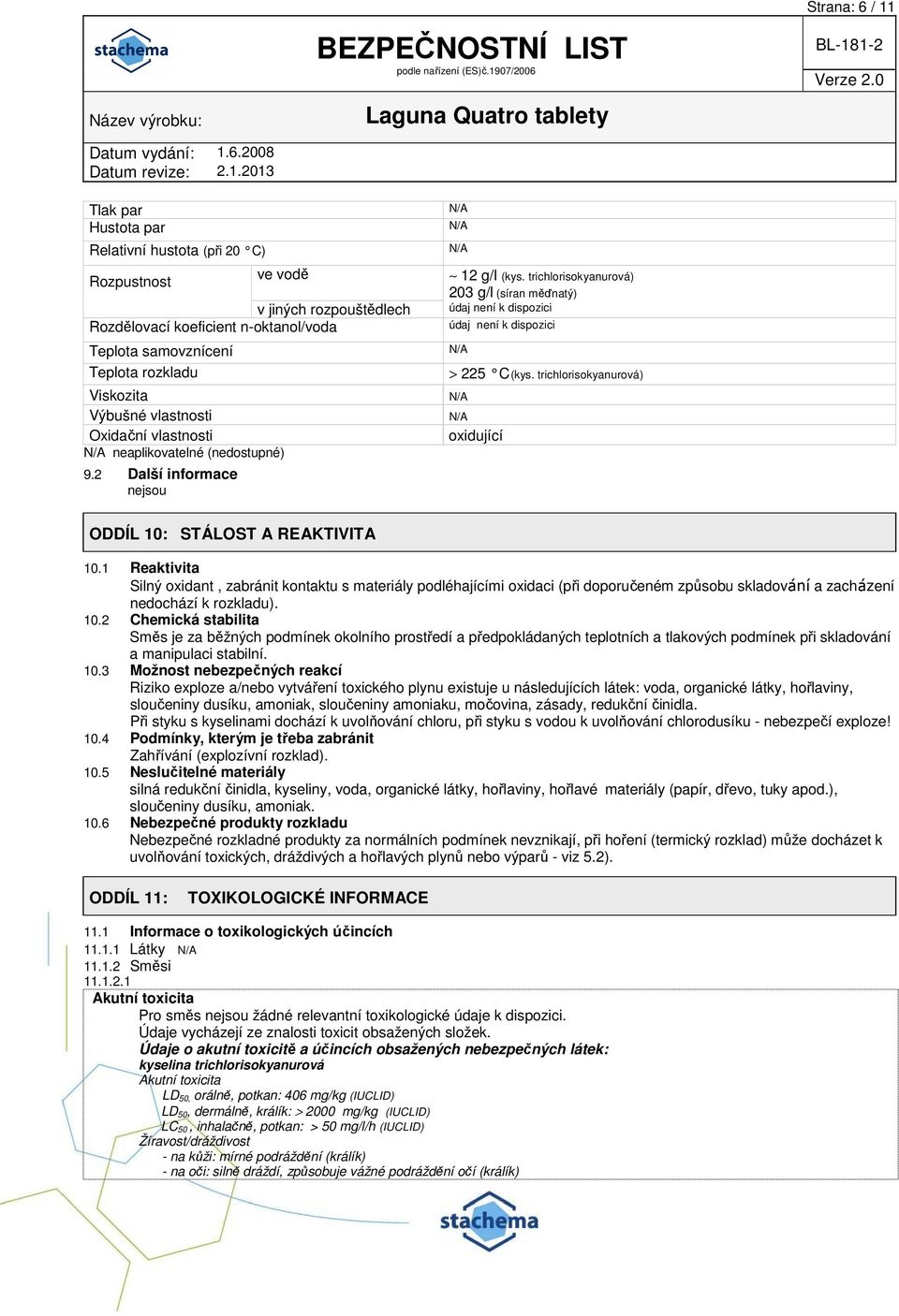 trichlorisokyanurová) 203 g/l (síran měďnatý) údaj není k dispozici údaj není k dispozici > 225 C (kys. trichlorisokyanurová) oxidující ODDÍL 10: STÁLOST A REAKTIVITA 10.