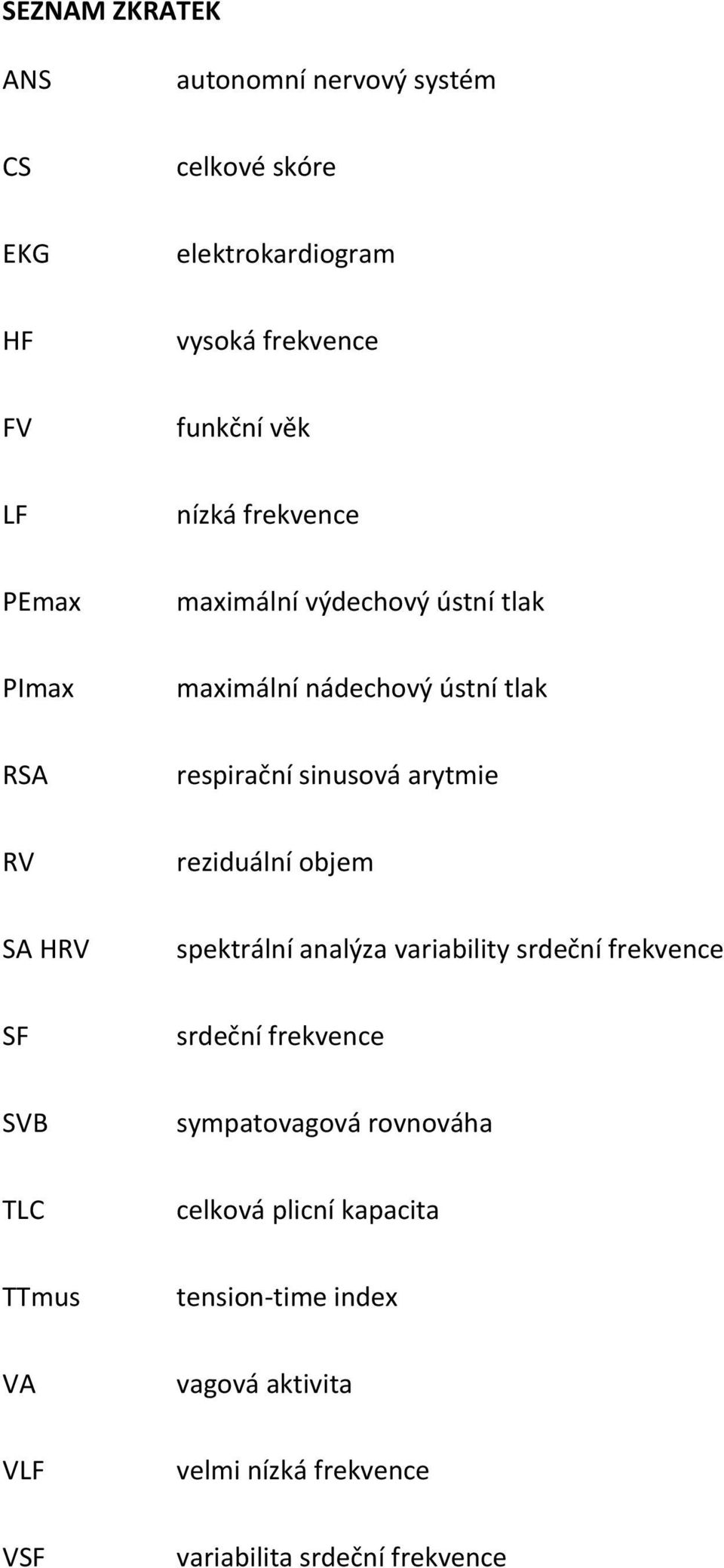 reziduální objem SA HRV spektrální analýza variability srdeční frekvence SF srdeční frekvence SVB sympatovagová rovnováha
