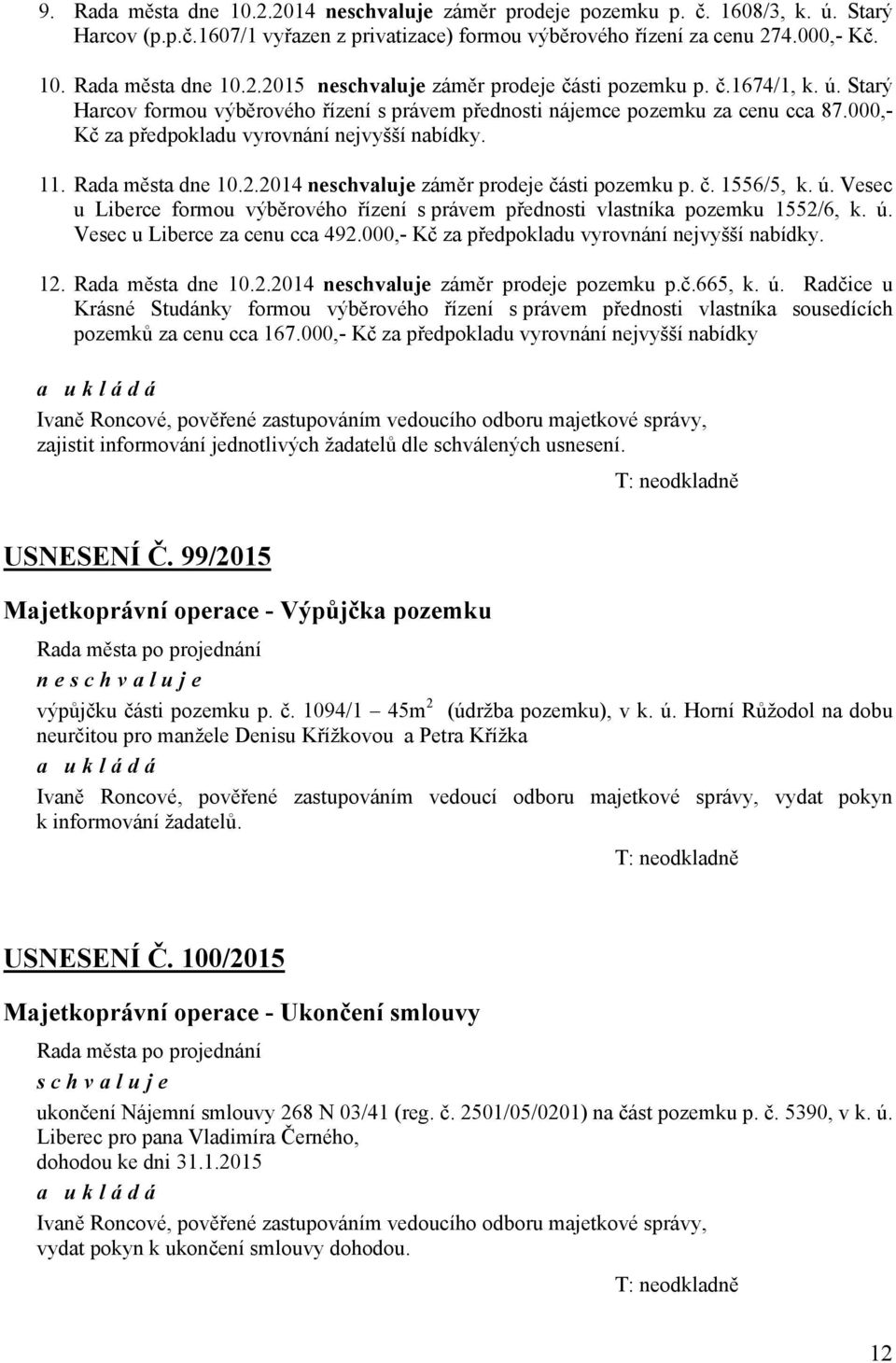 2014 neschvaluje záměr prodeje části pozemku p. č. 1556/5, k. ú. Vesec u Liberce formou výběrového řízení s právem přednosti vlastníka pozemku 1552/6, k. ú. Vesec u Liberce za cenu cca 492.