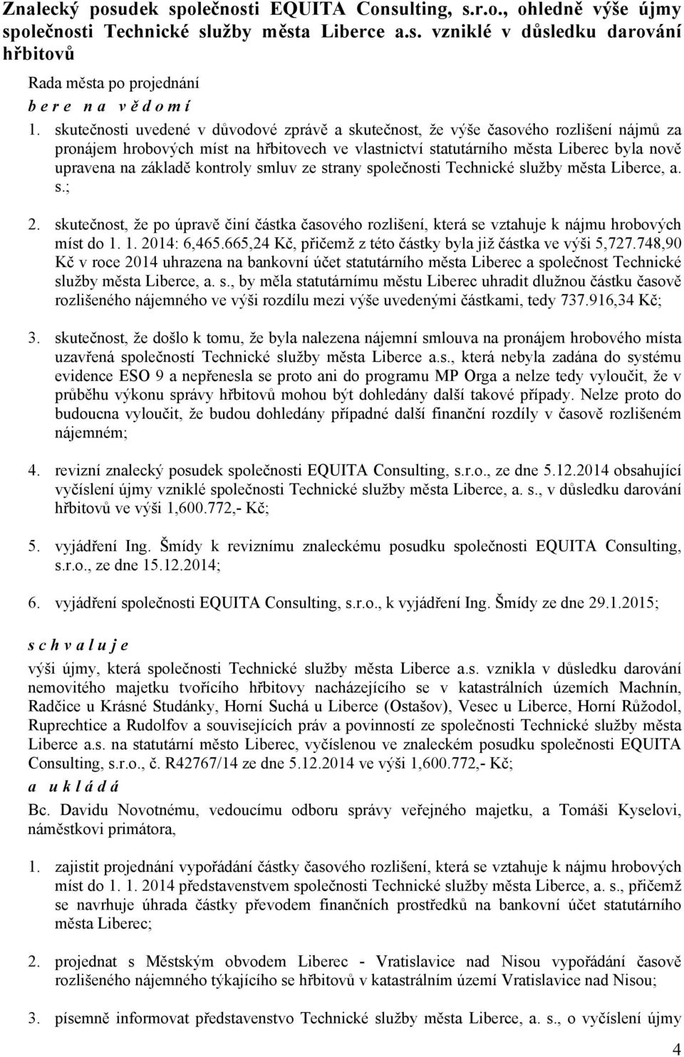 kontroly smluv ze strany společnosti Technické služby města Liberce, a. s.; 2. skutečnost, že po úpravě činí částka časového rozlišení, která se vztahuje k nájmu hrobových míst do 1. 1. 2014: 6,465.