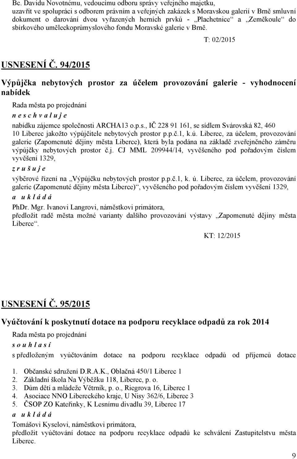 94/2015 Výpůjčka nebytových prostor za účelem provozování galerie - vyhodnocení nabídek neschvaluje nabídku zájemce společnosti ARCHA13 o.p.s., IČ 228 91 161, se sídlem Svárovská 82, 460 10 Liberec jakožto výpůjčitele nebytových prostor p.