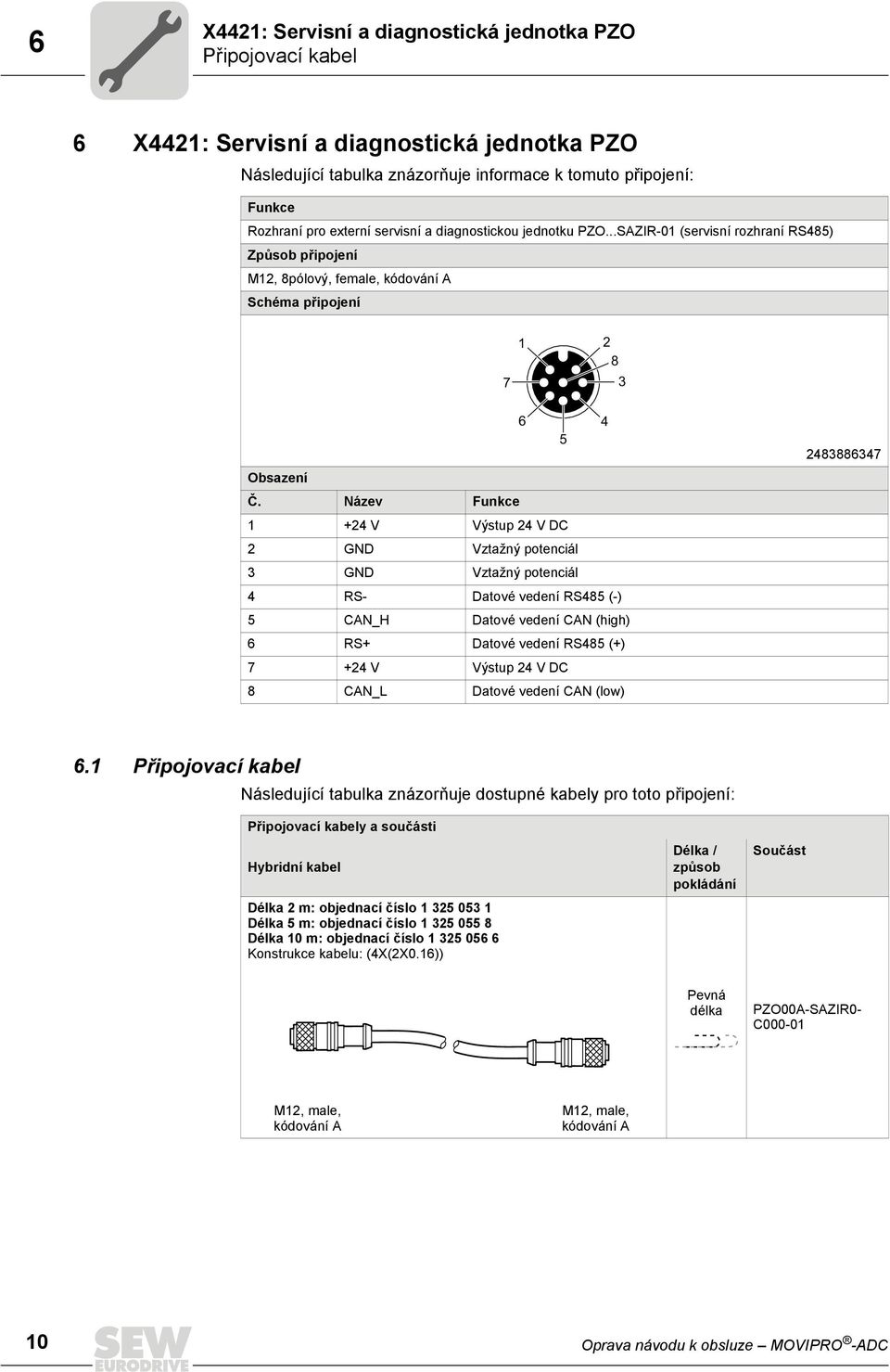 Název Funkce 1 +24 V Výstup 24 V DC 2 GND Vztažný potenciál 3 GND Vztažný potenciál 4 RS- Datové vedení RS485 (-) 5 CAN_H Datové vedení CAN (high) 6 RS+ Datové vedení RS485 (+) 7 +24 V Výstup 24 V DC