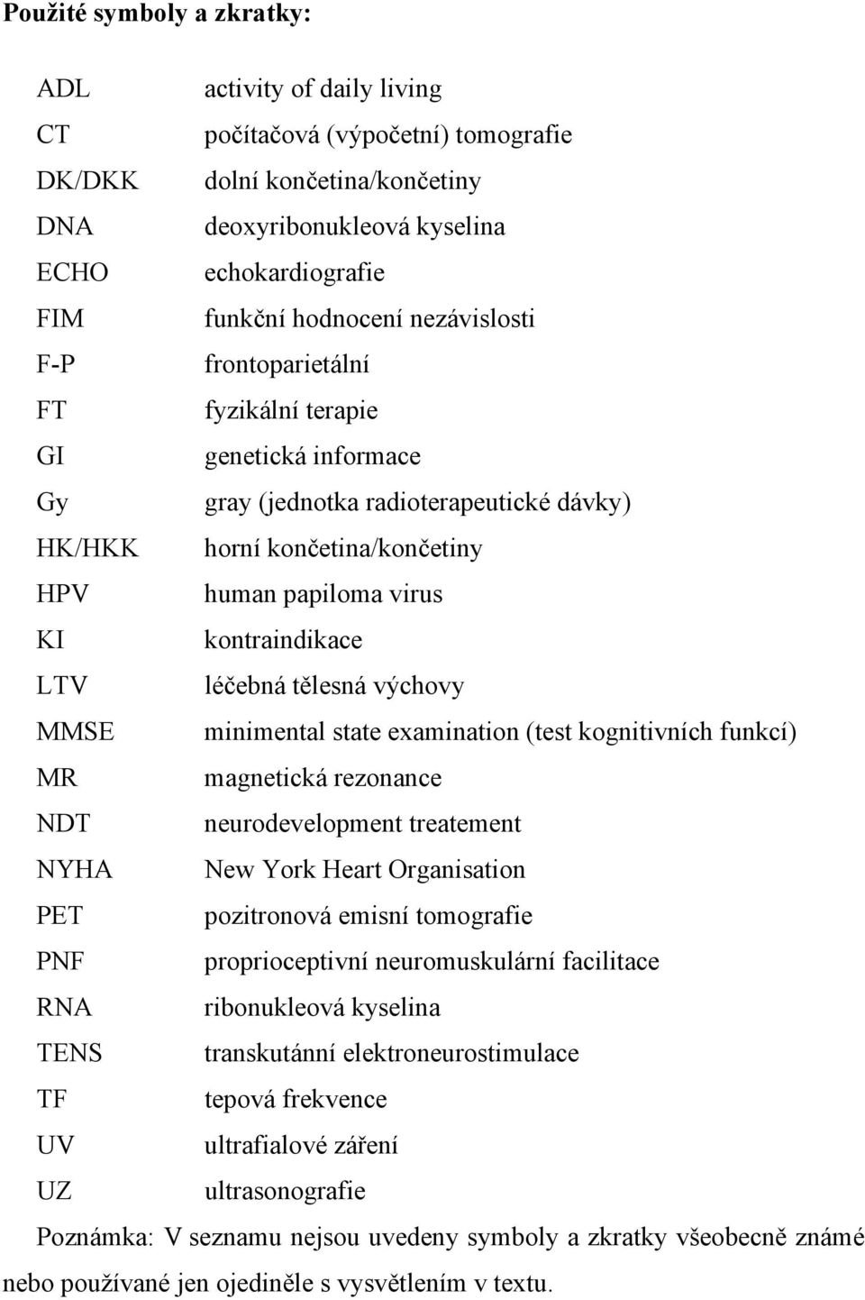 kontraindikace LTV léčebná tělesná výchovy MMSE minimental state examination (test kognitivních funkcí) MR magnetická rezonance NDT neurodevelopment treatement NYHA New York Heart Organisation PET