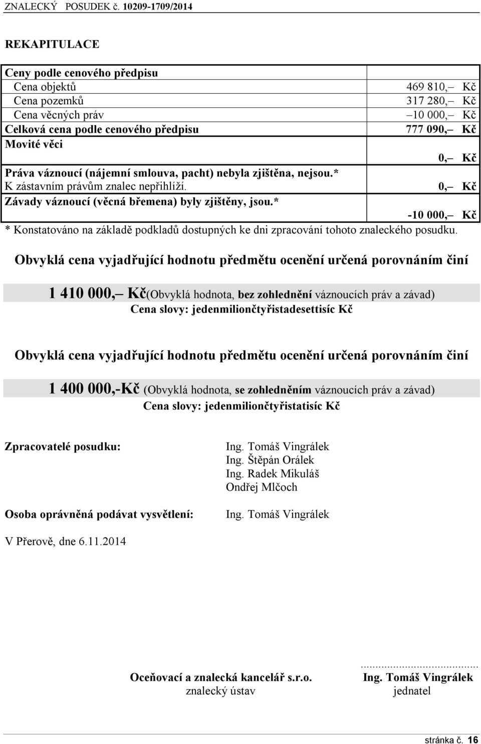 * -10 000, Kč * Konstatováno na základě podkladů dostupných ke dni zpracování tohoto znaleckého posudku.