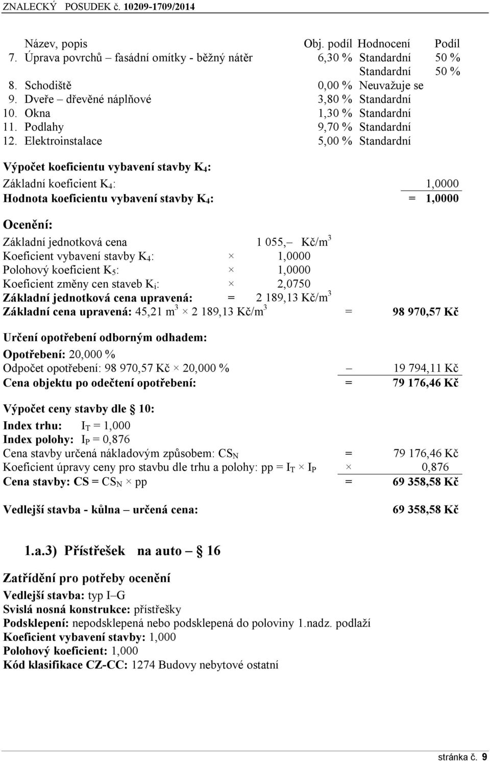 Elektroinstalace 5,00 % Standardní Výpočet koeficientu vybavení stavby K 4 : Základní koeficient K 4 : 1,0000 Hodnota koeficientu vybavení stavby K 4 : = 1,0000 Ocenění: Základní jednotková cena 1