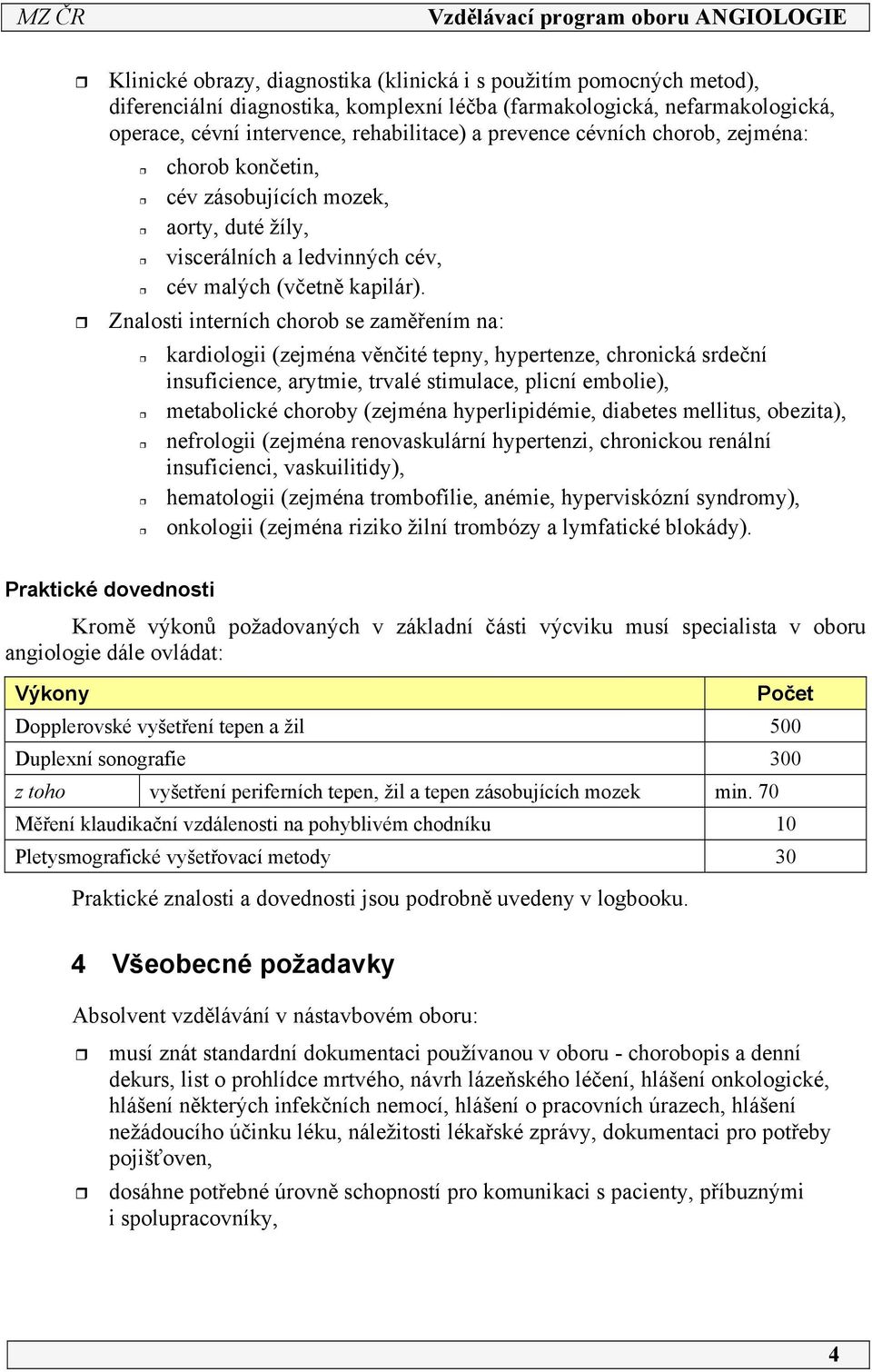 Znalosti interních chorob se zaměřením na: kardiologii (zejména věnčité tepny, hypertenze, chronická srdeční insuficience, arytmie, trvalé stimulace, plicní embolie), metabolické choroby (zejména