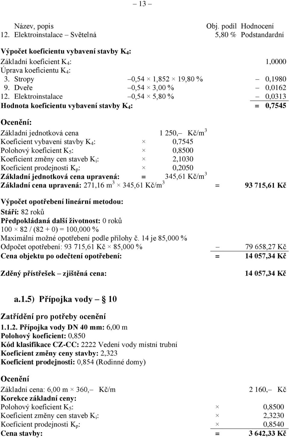 Elektroinstalace 0,54 5,80 % 0,0313 Hodnota koeficientu vybavení stavby K 4 : = 0,7545 Ocenění: Základní jednotková cena 1 250, Kč/m 3 Koeficient vybavení stavby K 4 : 0,7545 Polohový koeficient K 5