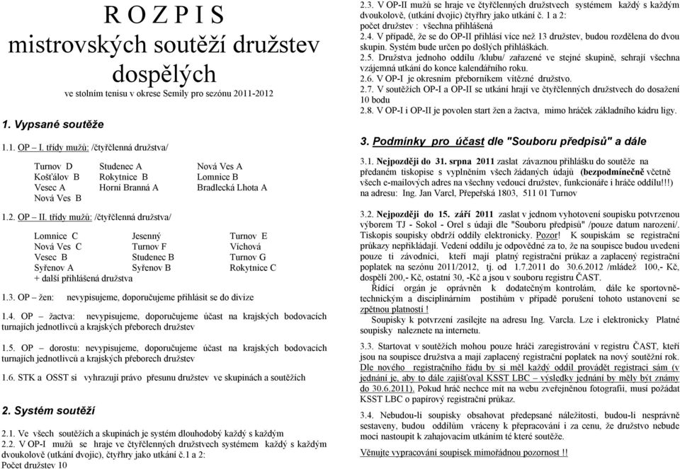 třídy mužů: /čtyřčlenná družstva/ Lomnice C Jesenný Turnov E Nová Ves C Turnov F Víchová Vesec B Studenec B Turnov G Syřenov A Syřenov B Rokytnice C + další přihlášená družstva 1.3.