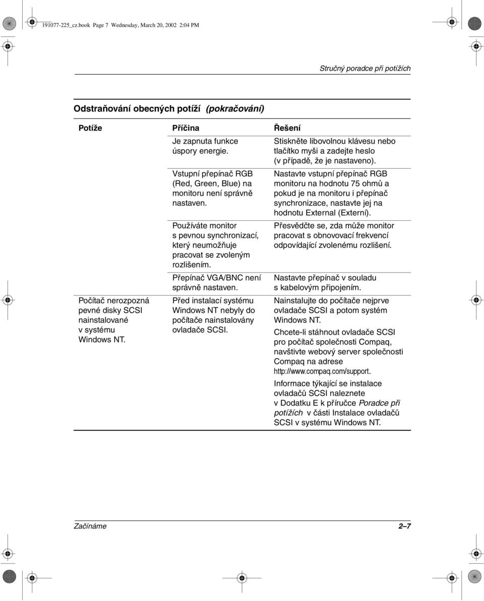 Přepínač VGA/BNC není správně nastaven. Před instalací systému Windows NT nebyly do počítače nainstalovány ovladače SCSI.