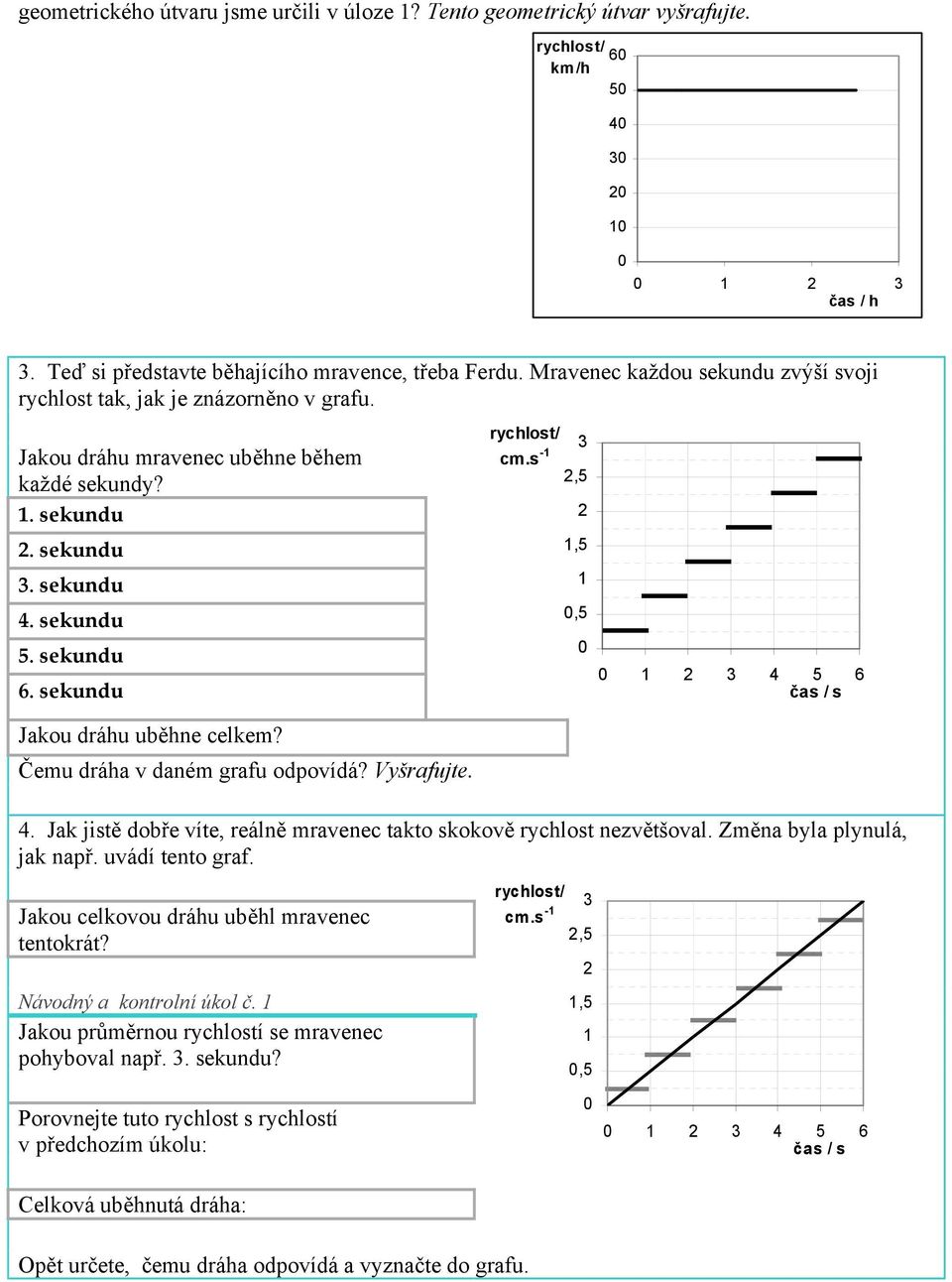 sekundu Jakou dráhu uběhne celkem? Čemu dráha v daném grafu odpovídá? Vyšrafujte.,5,5,5 5 6. Jak jistě dobře víte, reálně mravenec takto skokově rychlost nezvětšoval. Změna byla plynulá, jak např.