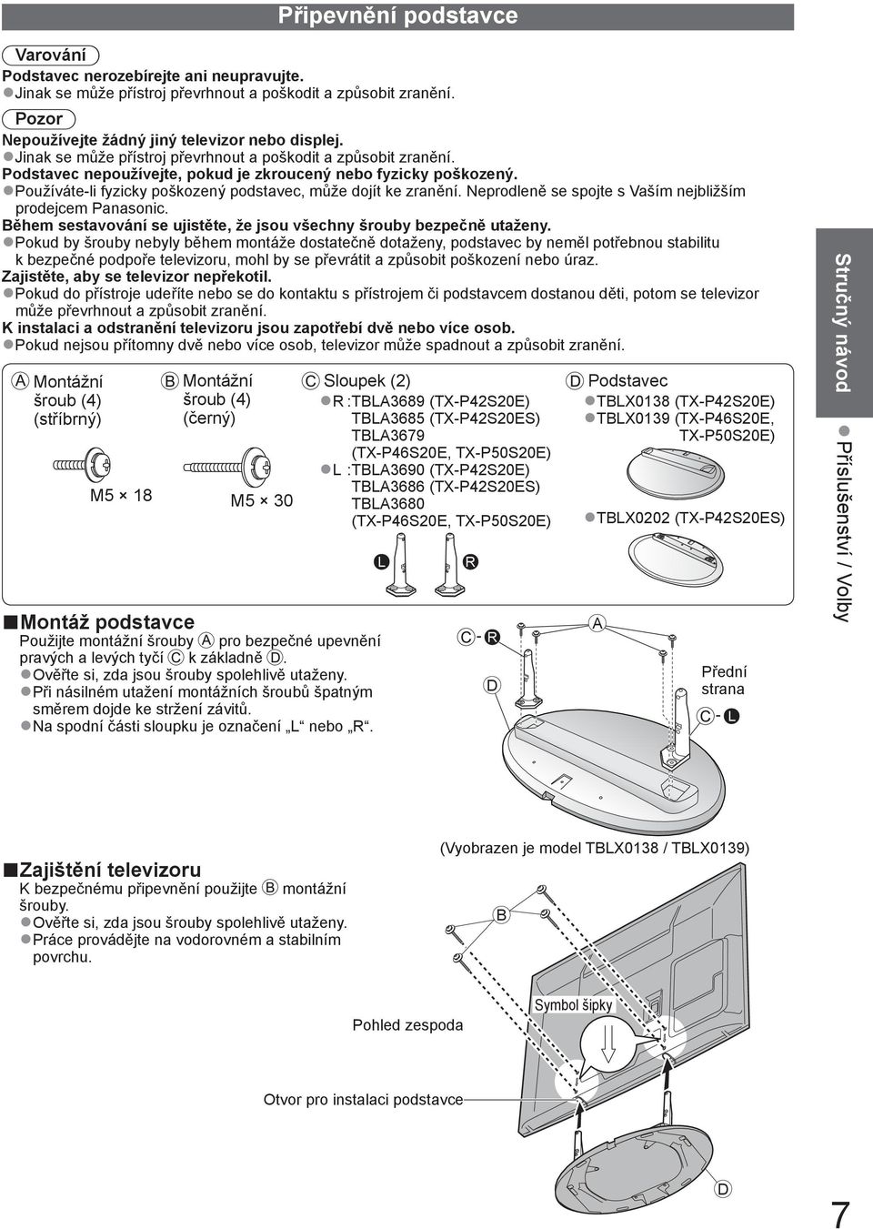 Neprodleně se spojte s Vaším nejbližším prodejcem Panasonic. Během sestavování se ujistěte, že jsou všechny šrouby bezpečně utaženy.