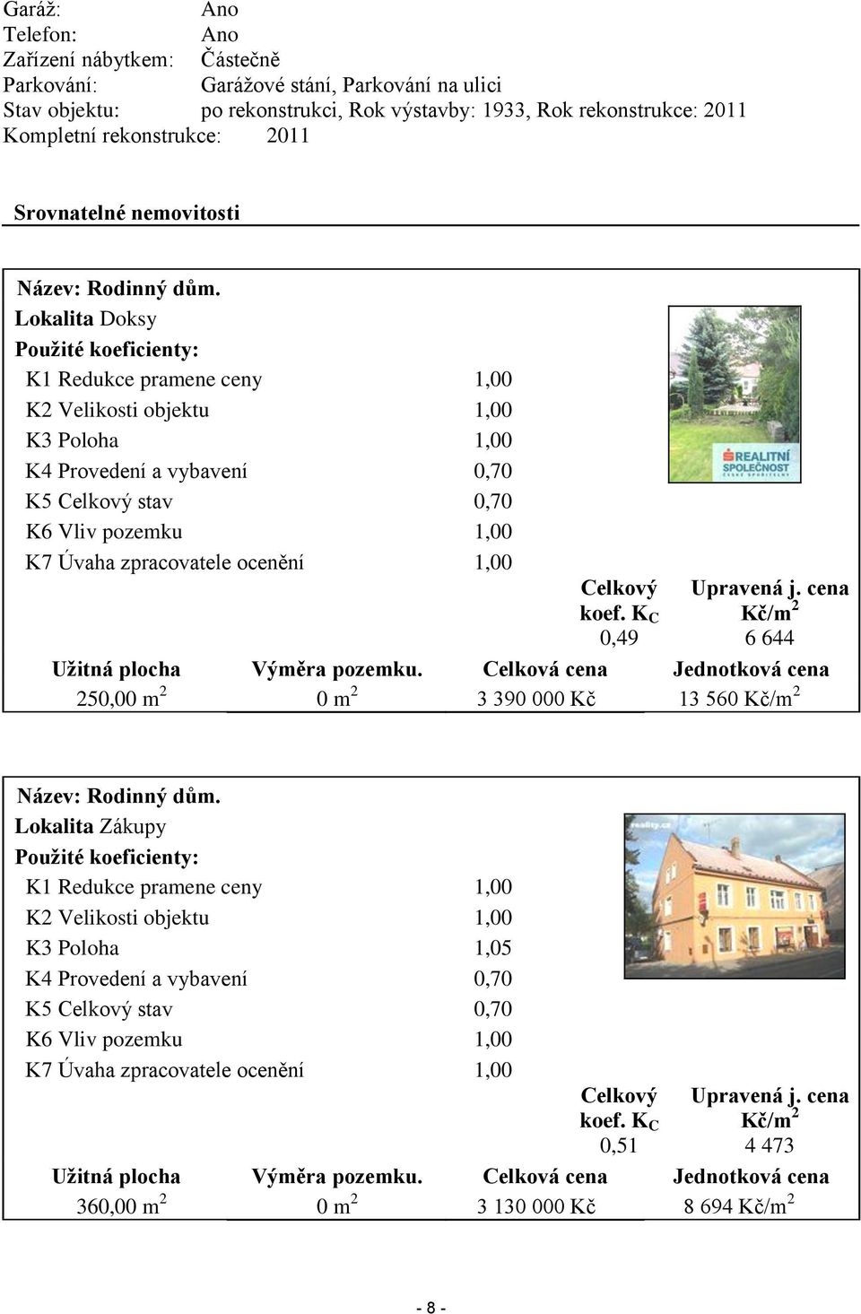 Lokalita Doksy Použité koeficienty: K1 Redukce pramene ceny 1,00 K2 Velikosti objektu 1,00 K3 Poloha 1,00 K4 Provedení a vybavení 0,70 K5 Celkový stav 0,70 K6 Vliv pozemku 1,00 K7 Úvaha zpracovatele