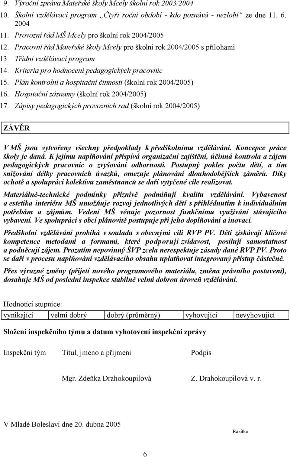 Kritéria pro hodnocení pedagogických pracovnic 15. Plán kontrolní a hospitační činnosti (školní rok 2004/2005) 16. Hospitační záznamy (školní rok 2004/2005) 17.