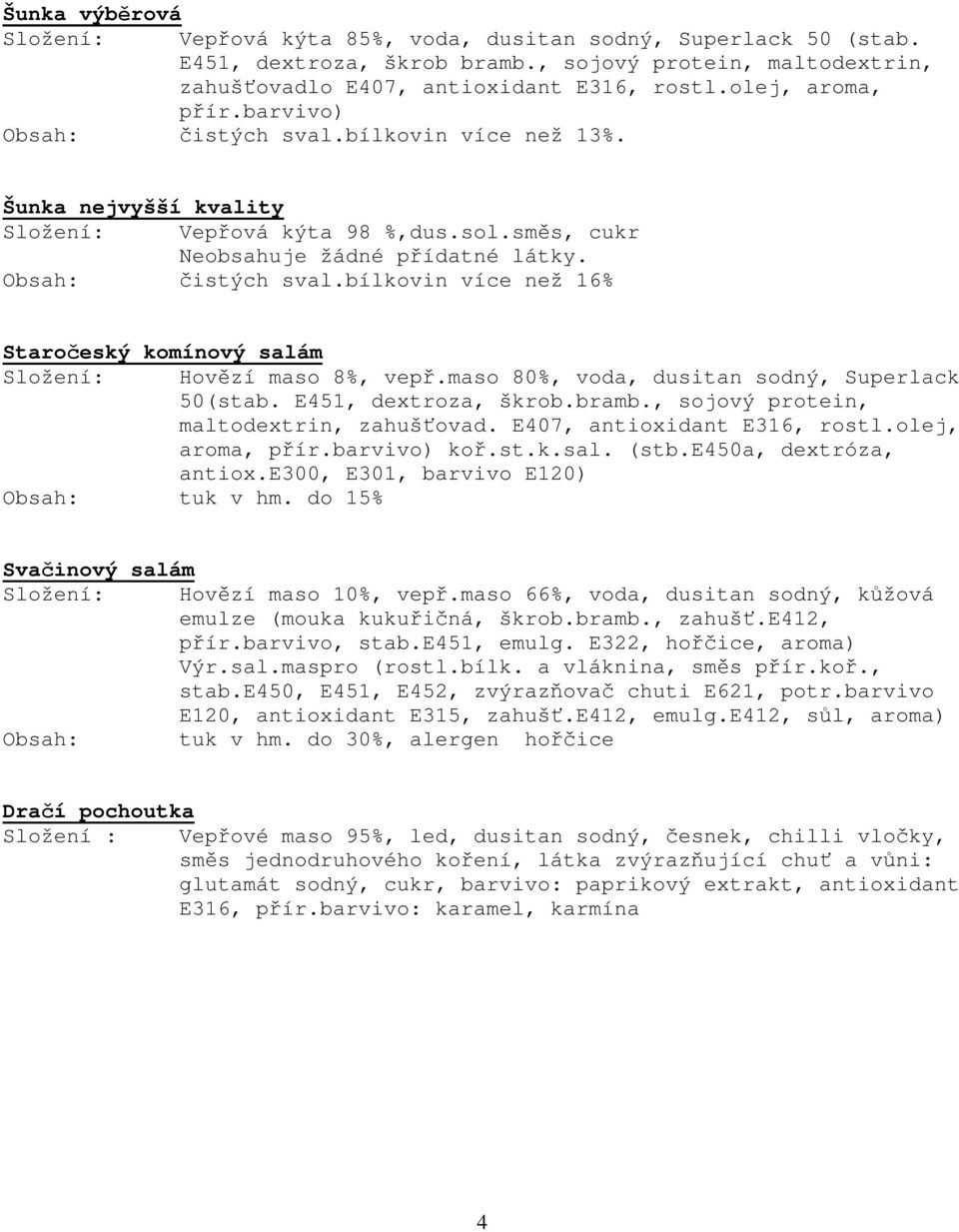 maso 80%, voda, dusitan sodný, Superlack 50(stab. E451, dextroza, škrob.bramb., sojový protein, maltodextrin, zahuš ovad. E407, antioxidant E316, rostl.olej, aroma, p ír.barvivo) ko.st.k.sal. (stb.