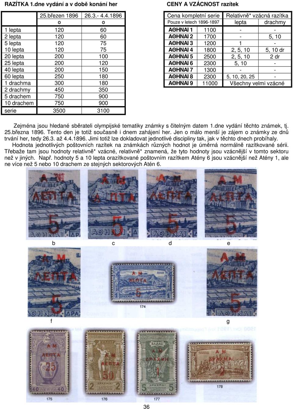 drachem 750 900 serie 3500 3100 CENY A VZÁCNOST razítek Cena kompletní serie Relativně* vzácná razítka Pouze v letech 1896-1897 lepta drachmy AΘHNAI 1 1100 - - AΘHNAI 2 1700-5, 10 AΘHNAI 3 1200 1 -