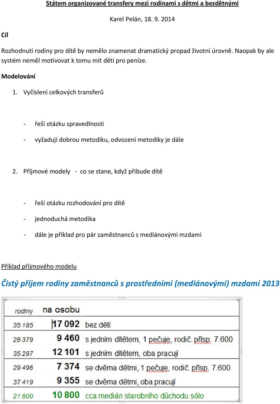 Modelování 1. Vyčíslení celkových transferů - řeší otázku spravedlnosti - vyžadují dobrou metodiku, odvození metodiky je dále 2.