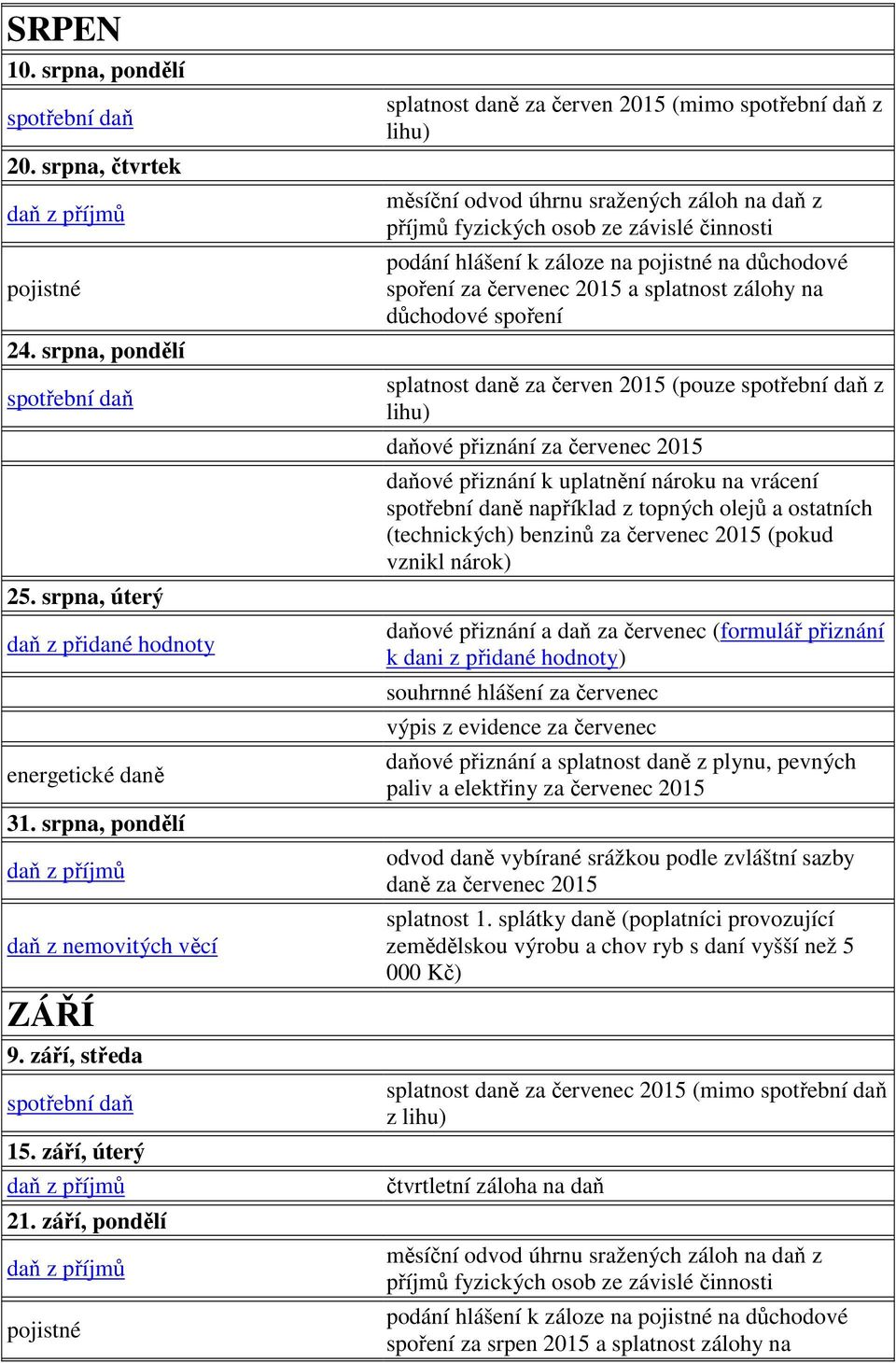 červenec 2015 (technických) benzinů za červenec 2015 (pokud vznikl daňové přiznání a daň za červenec (formulář přiznání k souhrnné hlášení za červenec výpis z evidence za červenec paliv a elektřiny