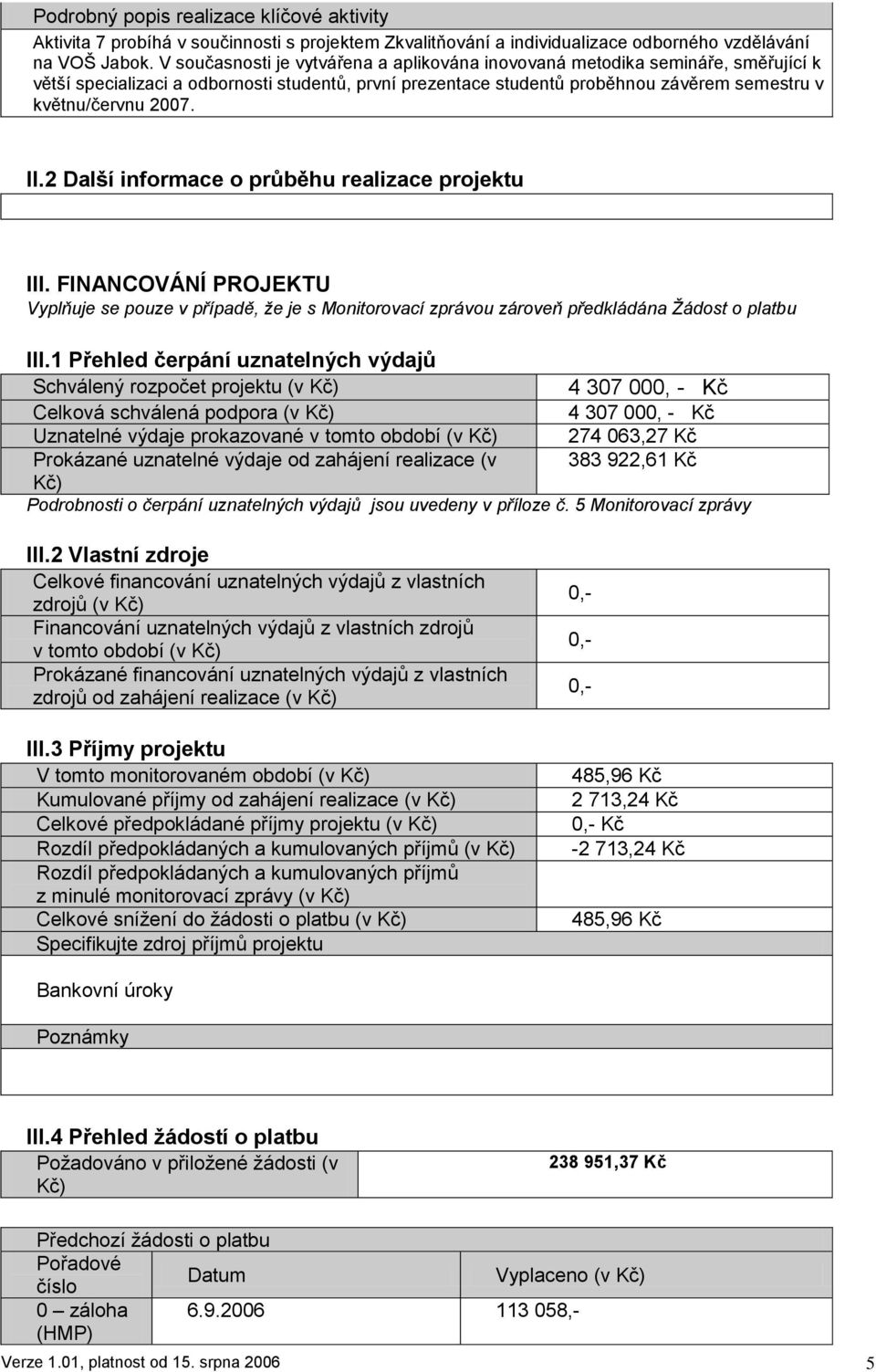 II.2 Další informace o průběhu realizace projektu III. FINANCOVÁNÍ PROJEKTU Vyplňuje se pouze v případě, že je s Monitorovací zprávou zároveň předkládána Žádost o platbu III.