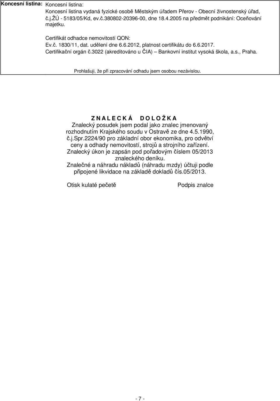 3022 (akreditováno u ČIA) Bankovní institut vysoká škola, a.s., Praha. Prohlašuji, že při zpracování odhadu jsem osobou nezávislou.