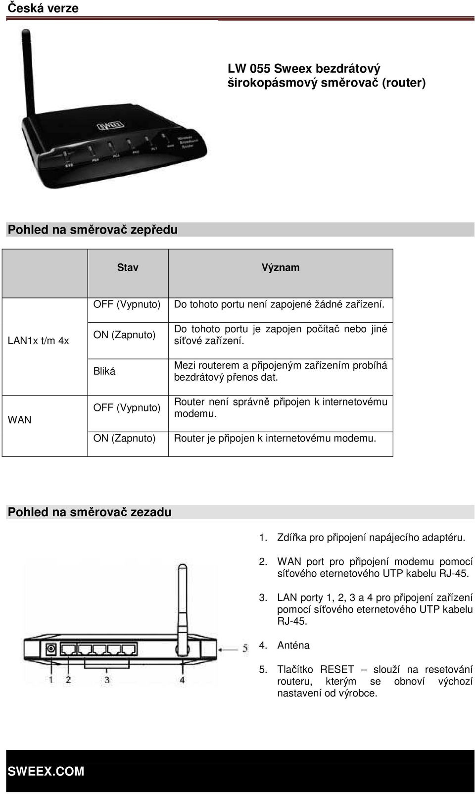 Router není správně připojen k internetovému modemu. Router je připojen k internetovému modemu. Pohled na směrovač zezadu 1. Zdířka pro připojení napájecího adaptéru. 2.