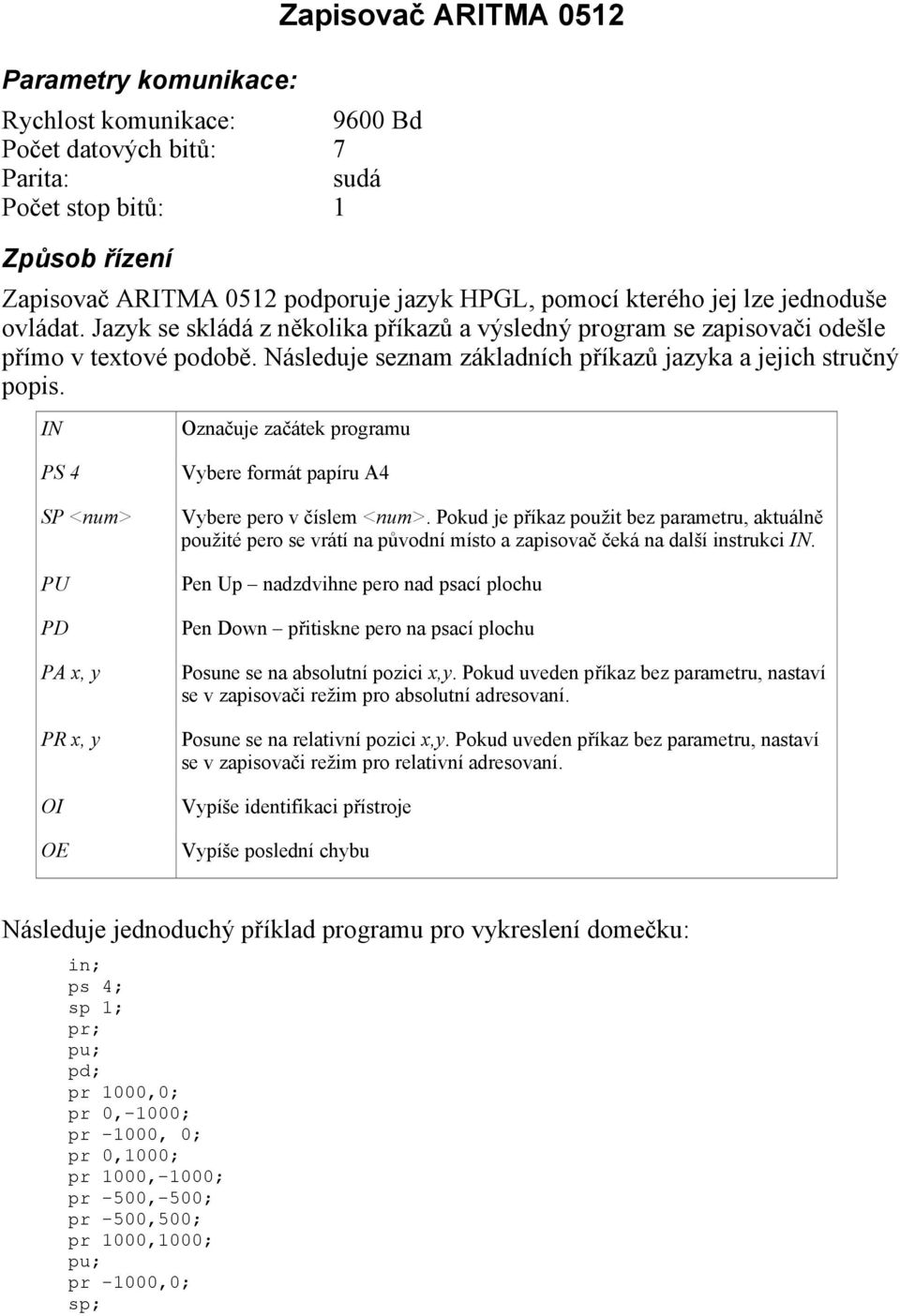 IN Označuje začátek programu PS 4 SP <num> PU PD PA x, y PR x, y OI OE Vybere formát papíru A4 Vybere pero v číslem <num>.