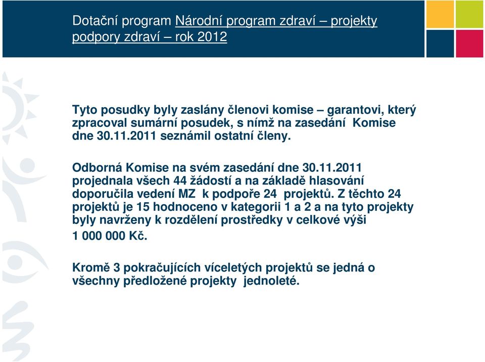 Z těchto 24 projektů je 15 hodnoceno v kategorii 1 a 2 a na tyto projekty byly navrženy k rozdělení prostředky v celkové výši 1 000 000 Kč.