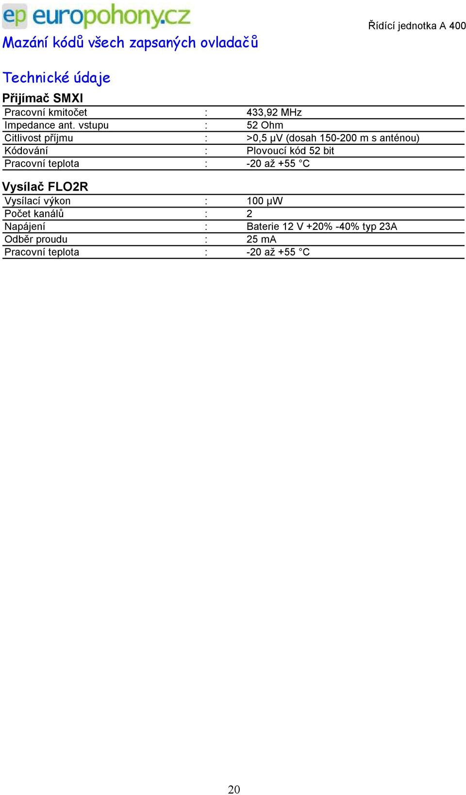 vstupu : 52 Ohm Citlivost příjmu : >0,5 µv (dosah 150-200 m s anténou) Kódování : Plovoucí kód 52 bit