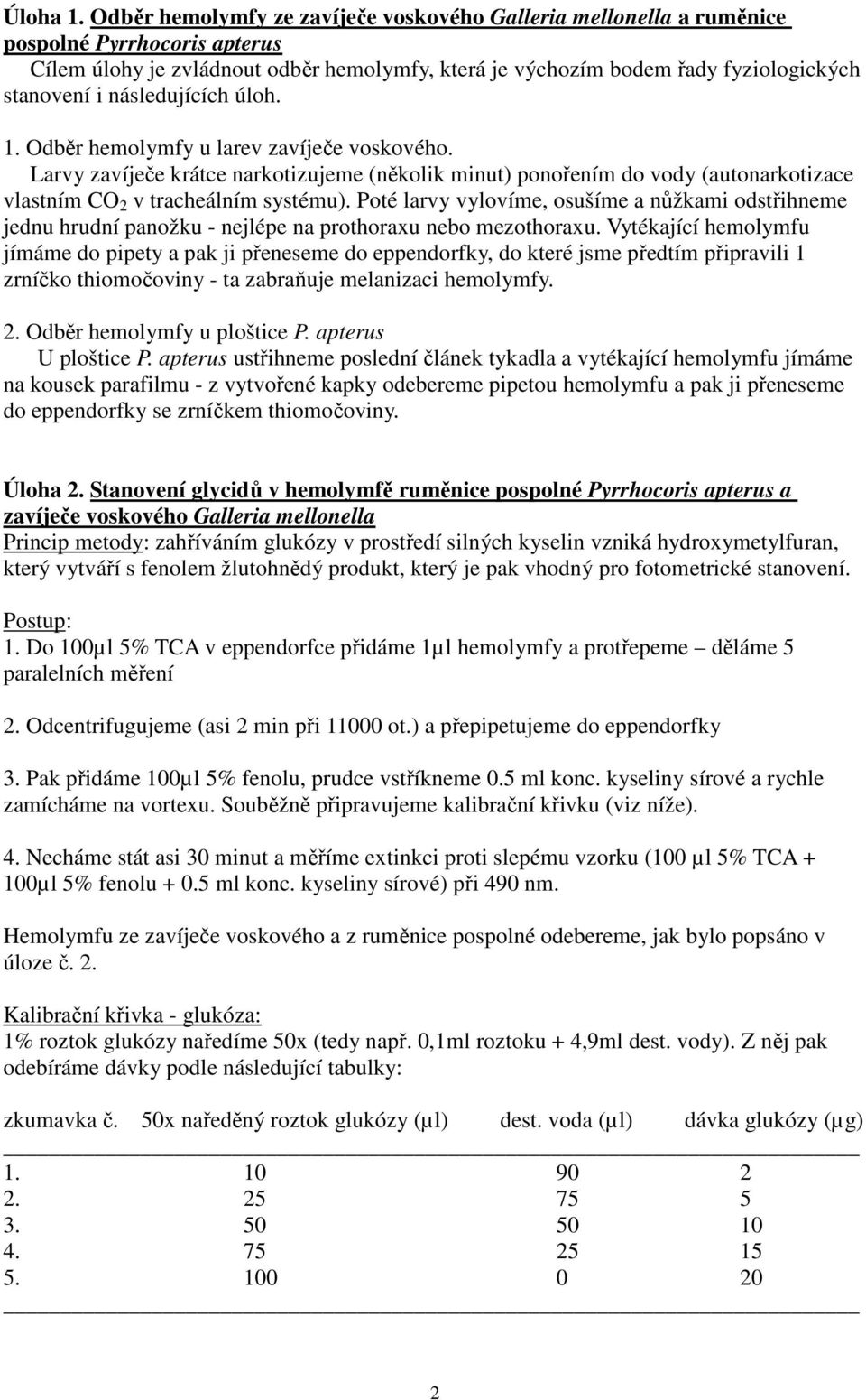 následujících úloh. 1. Odběr hemolymfy u larev zavíječe voskového. Larvy zavíječe krátce narkotizujeme (několik minut) ponořením do vody (autonarkotizace vlastním CO 2 v tracheálním systému).