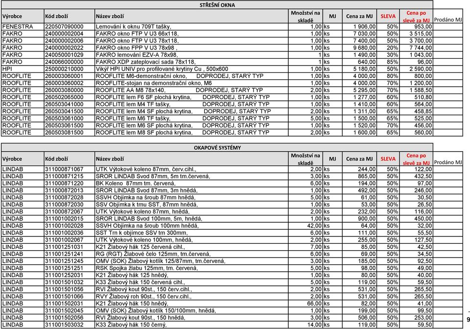 FAKRO 240066000000 FAKRO XDP zateplovací sada 78x118, 1 ks 640,00 85% 96,00 HPI 250000210000 Vikýř HPI UNIV pro profilované krytiny Cu, 500x600 1,00 ks 5 180,00 50% 2 590,00 ROOFLITE 260003060001