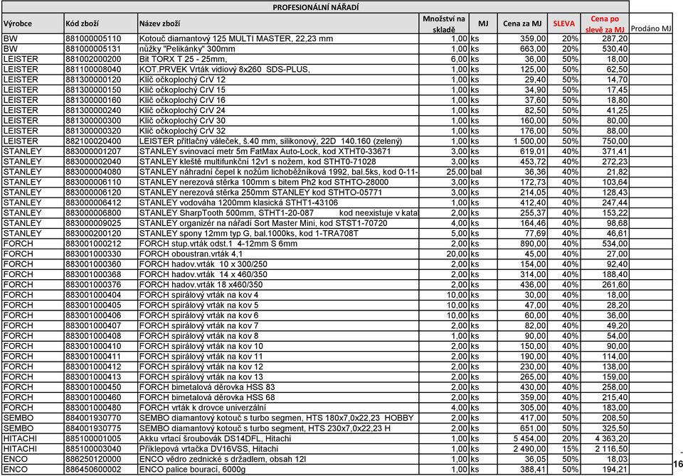 PRVEK Vrták vidiový 8x260 SDSPLUS, 1,00 ks 125,00 50% 62,50 LEISTER 881300000120 Klíč očkoplochý CrV 12 1,00 ks 29,40 50% 14,70 LEISTER 881300000150 Klíč očkoplochý CrV 15 1,00 ks 34,90 50% 17,45