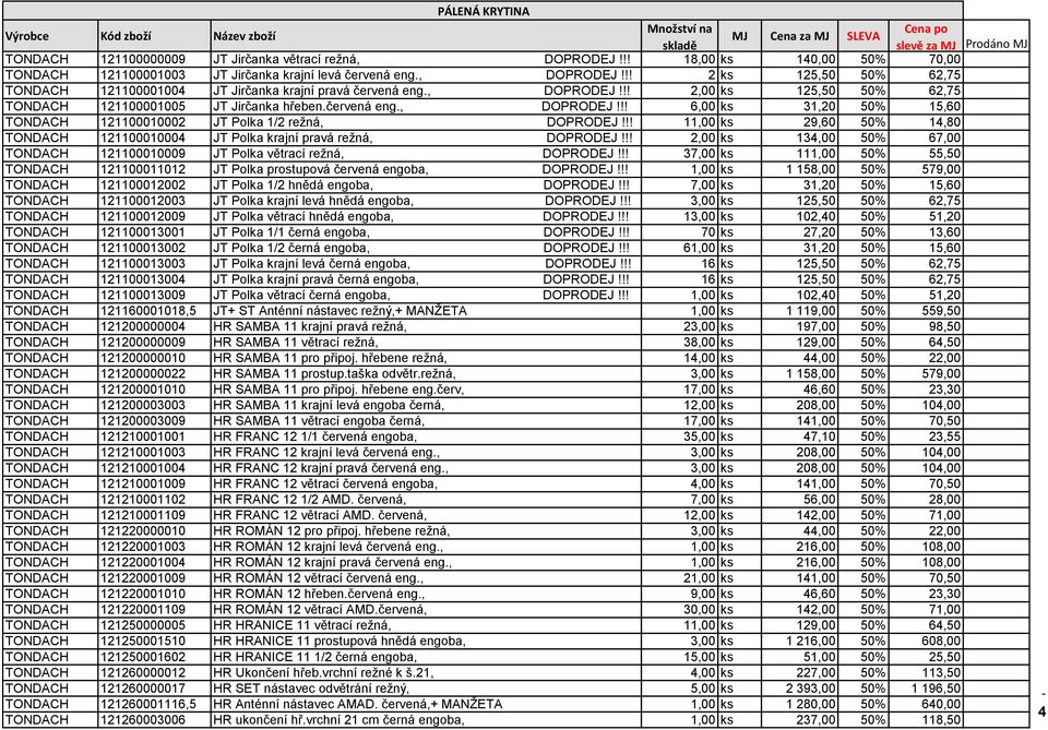 !! 11,00 ks 29,60 50% 14,80 TONDACH 121100010004 JT Polka krajní pravá režná, DOPRODEJ!!! 2,00 ks 134,00 50% 67,00 TONDACH 121100010009 JT Polka větrací režná, DOPRODEJ!