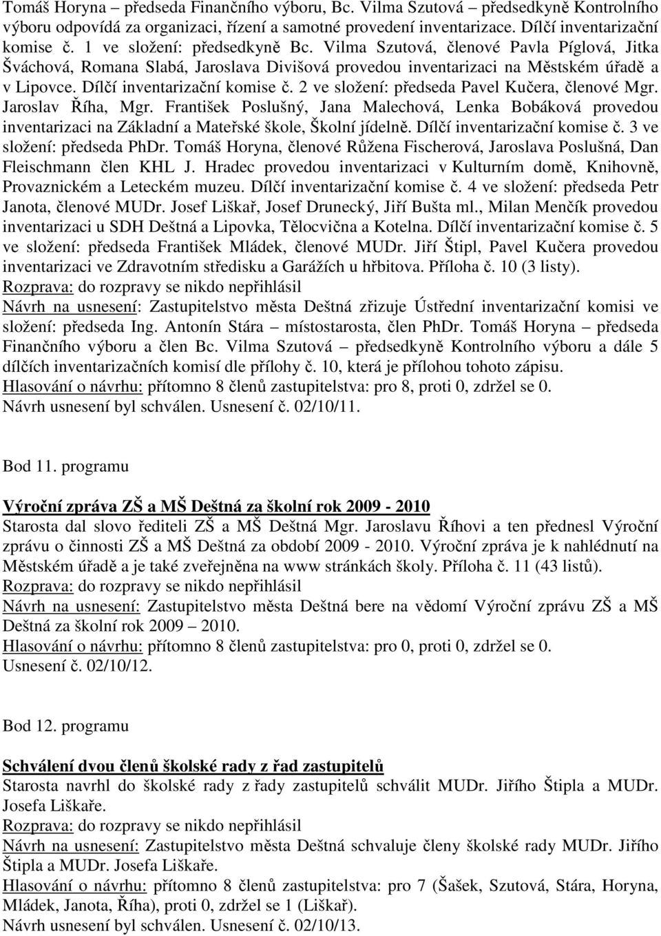 Dílčí inventarizační komise č. 2 ve složení: předseda Pavel Kučera, členové Mgr. Jaroslav Říha, Mgr.