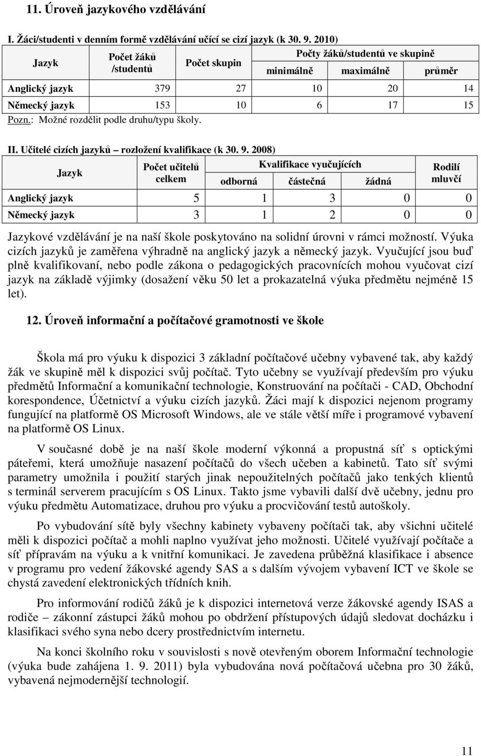 : Možné rozdělit podle druhu/typu školy. II. Učitelé cizích jazyků rozložení kvalifikace (k 30. 9.