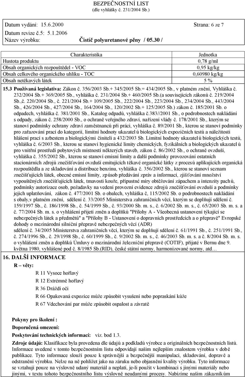 % 15.3 Používaná legislativa: Zákon č. 356/2003 Sb.+ 345/2005 Sb.= 434/2005 Sb., v platném znění, Vyhláška č. 232/2004 Sb.+ 369/2005 Sb., vyhláška č. 231/2004 Sb.+ 460/2005 Sb.