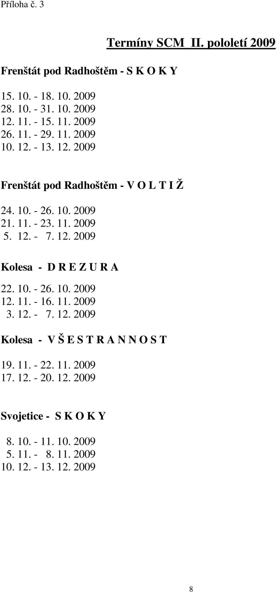 12. 2009 Kolesa - D R E Z U R A 22. 10. - 26. 10. 2009 12. 11. - 16. 11. 2009 3. 12. - 7. 12. 2009 Kolesa - V Š E S T R A N N O S T 19. 11. - 22.