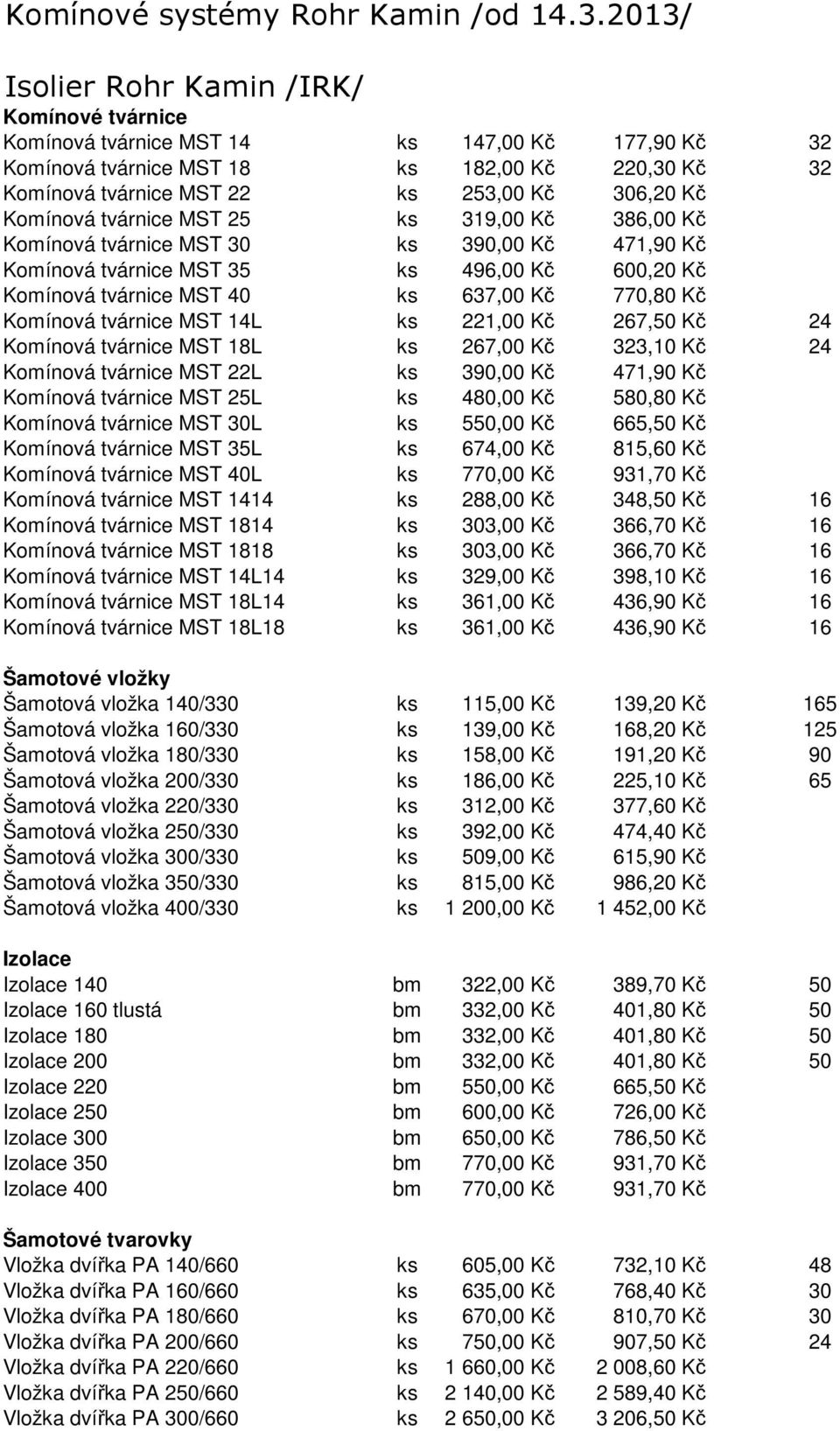 Komínová tvárnice MST 25 ks 319,00 Kč 386,00 Kč Komínová tvárnice MST 30 ks 390,00 Kč 471,90 Kč Komínová tvárnice MST 35 ks 496,00 Kč 600,20 Kč Komínová tvárnice MST 40 ks 637,00 Kč 770,80 Kč