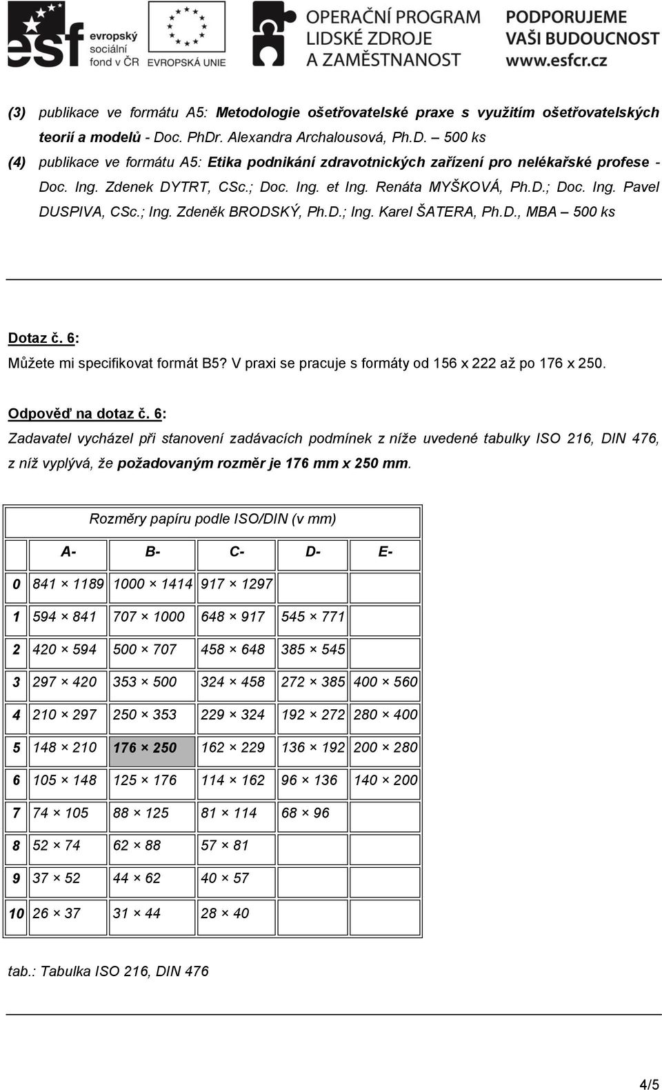 Renáta MYŠKOVÁ, Ph.D.; Doc. Ing. Pavel DUSPIVA, CSc.; Ing. Zdeněk BRODSKÝ, Ph.D.; Ing. Karel ŠATERA, Ph.D., MBA 500 ks Dotaz č. 6: Můžete mi specifikovat formát B5?