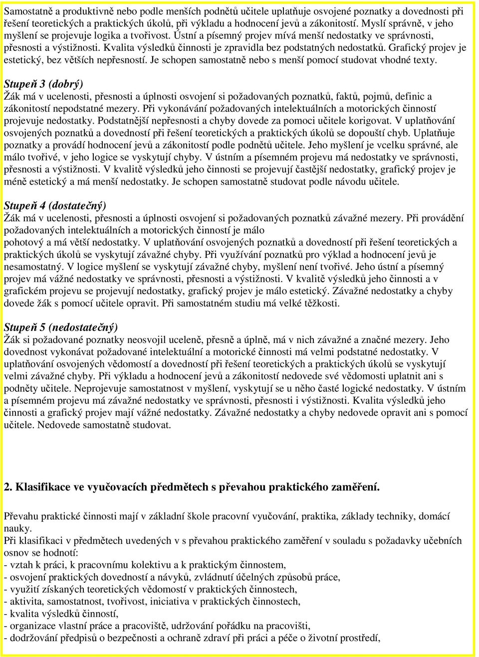 Kvalita výsledků činnosti je zpravidla bez podstatných nedostatků. Grafický projev je estetický, bez větších nepřesností. Je schopen samostatně nebo s menší pomocí studovat vhodné texty.