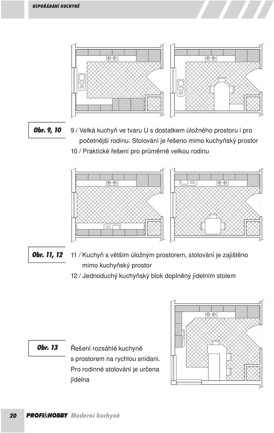 11, 12 11 / Kuchyň s větším úložným prostorem, stolování je zajištěno mimo kuchyňský prostor 12 / Jednoduchý kuchyňský