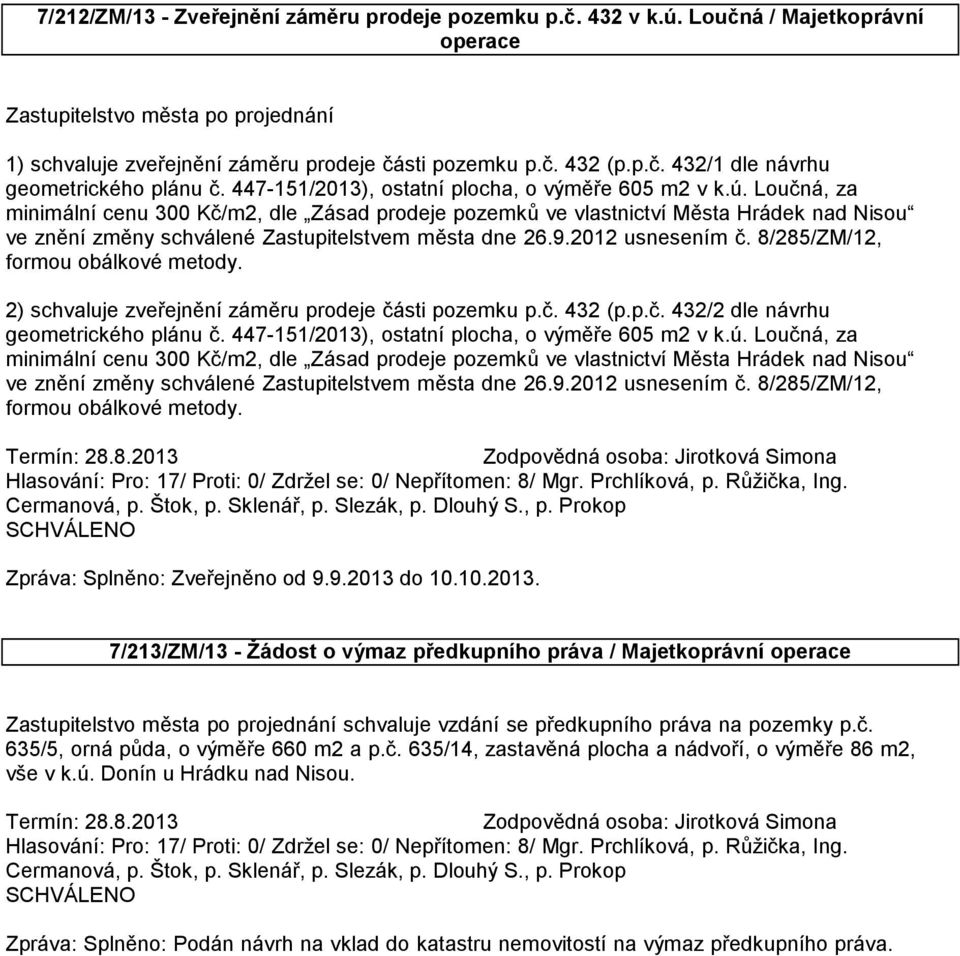 Loučná, za minimální cenu 300 Kč/m2, dle Zásad prodeje pozemků ve vlastnictví Města Hrádek nad Nisou ve znění změny schválené Zastupitelstvem města dne 26.9.2012 usnesením č.
