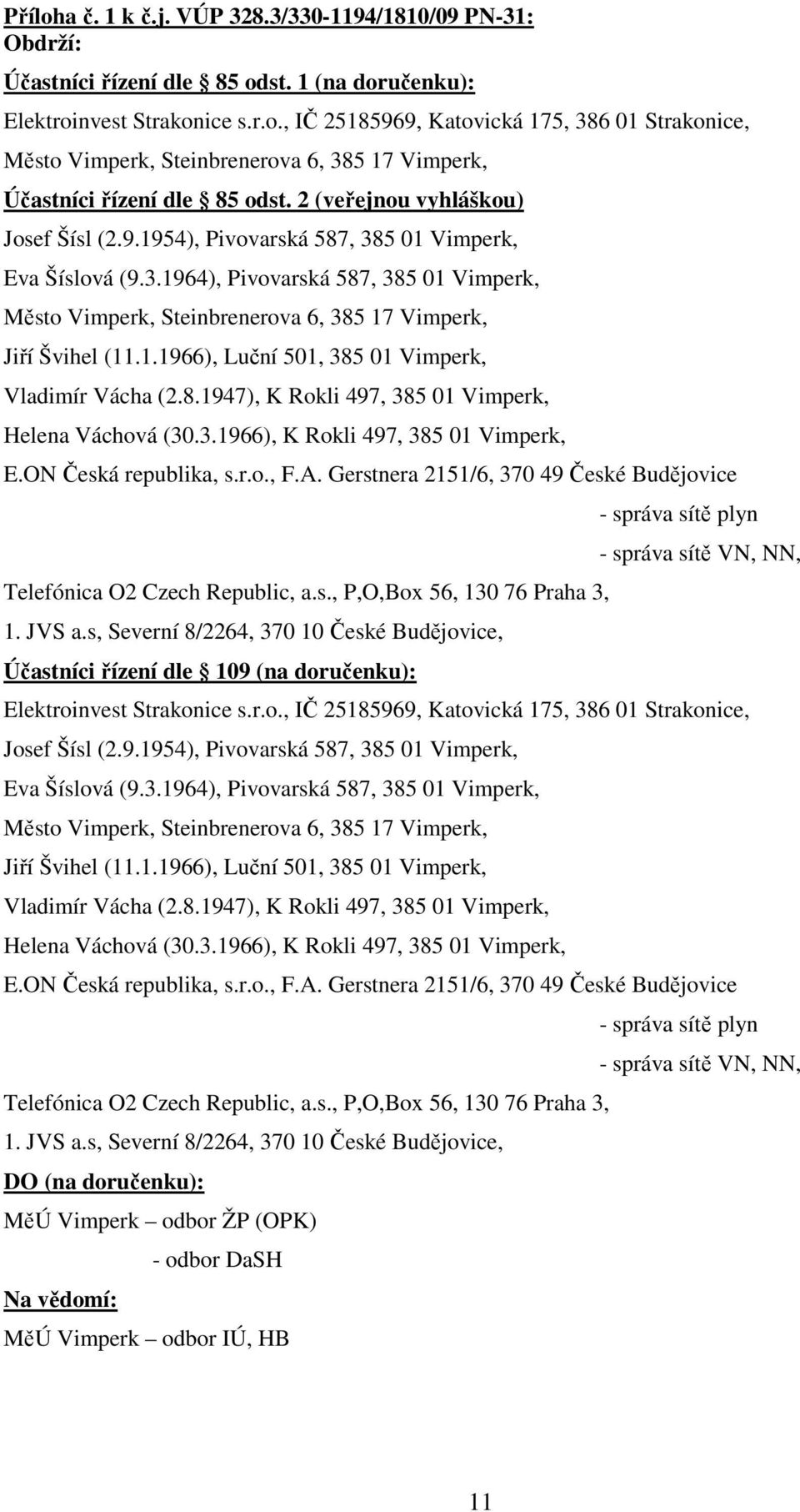 1.1966), Luční 501, 385 01 Vimperk, Vladimír Vácha (2.8.1947), K Rokli 497, 385 01 Vimperk, Helena Váchová (30.3.1966), K Rokli 497, 385 01 Vimperk, E.ON Česká republika, s.r.o., F.A.