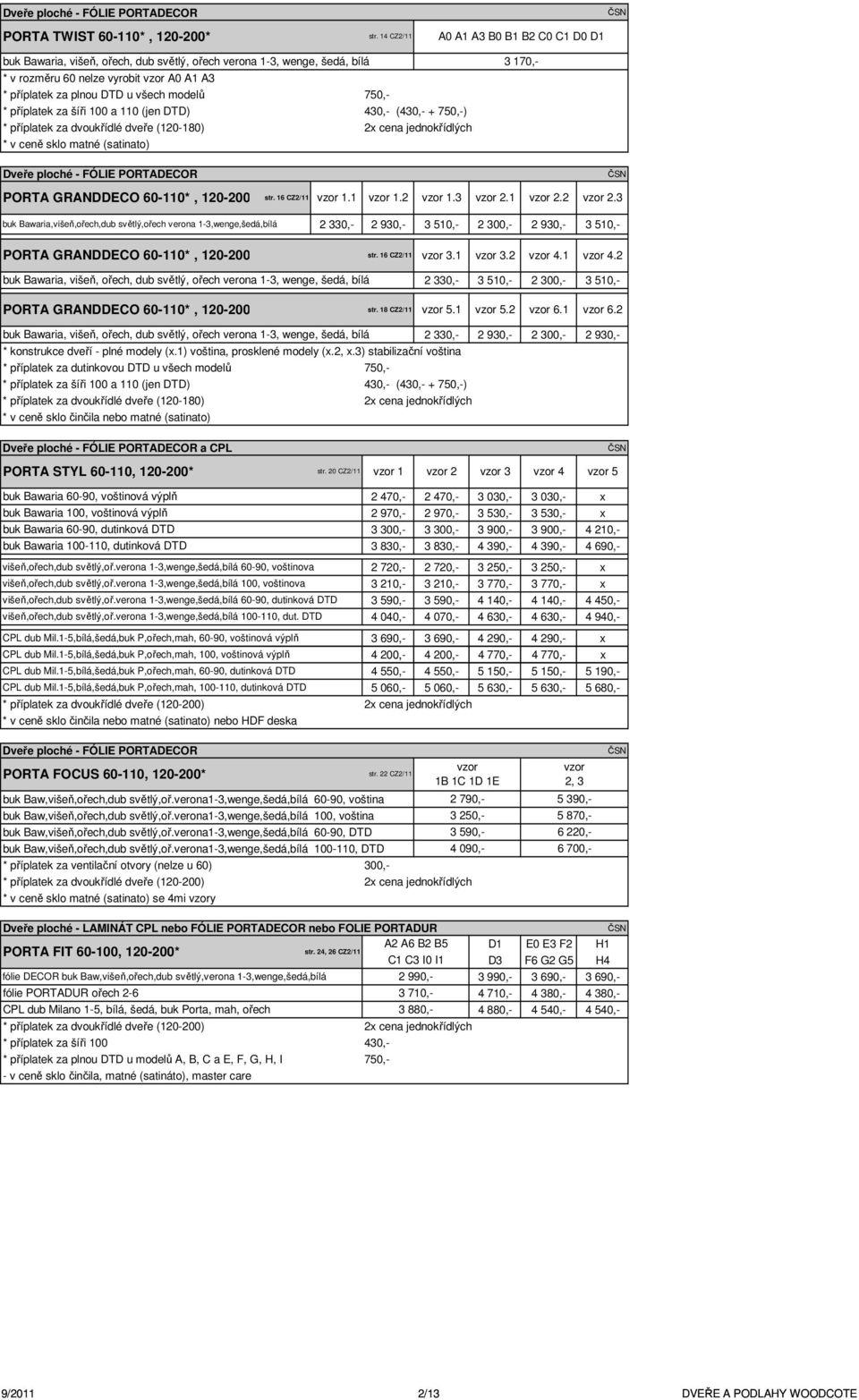 * příplatek za šíři 100 a 110 (jen DTD) 430,- (430,- + 750,-) * příplatek za dvoukřídlé dveře (120-180) 2 cena jednokřídlých * v ceně sklo matné (satinato) 3 170,- Dveře ploché - FÓLIE PORTADECOR