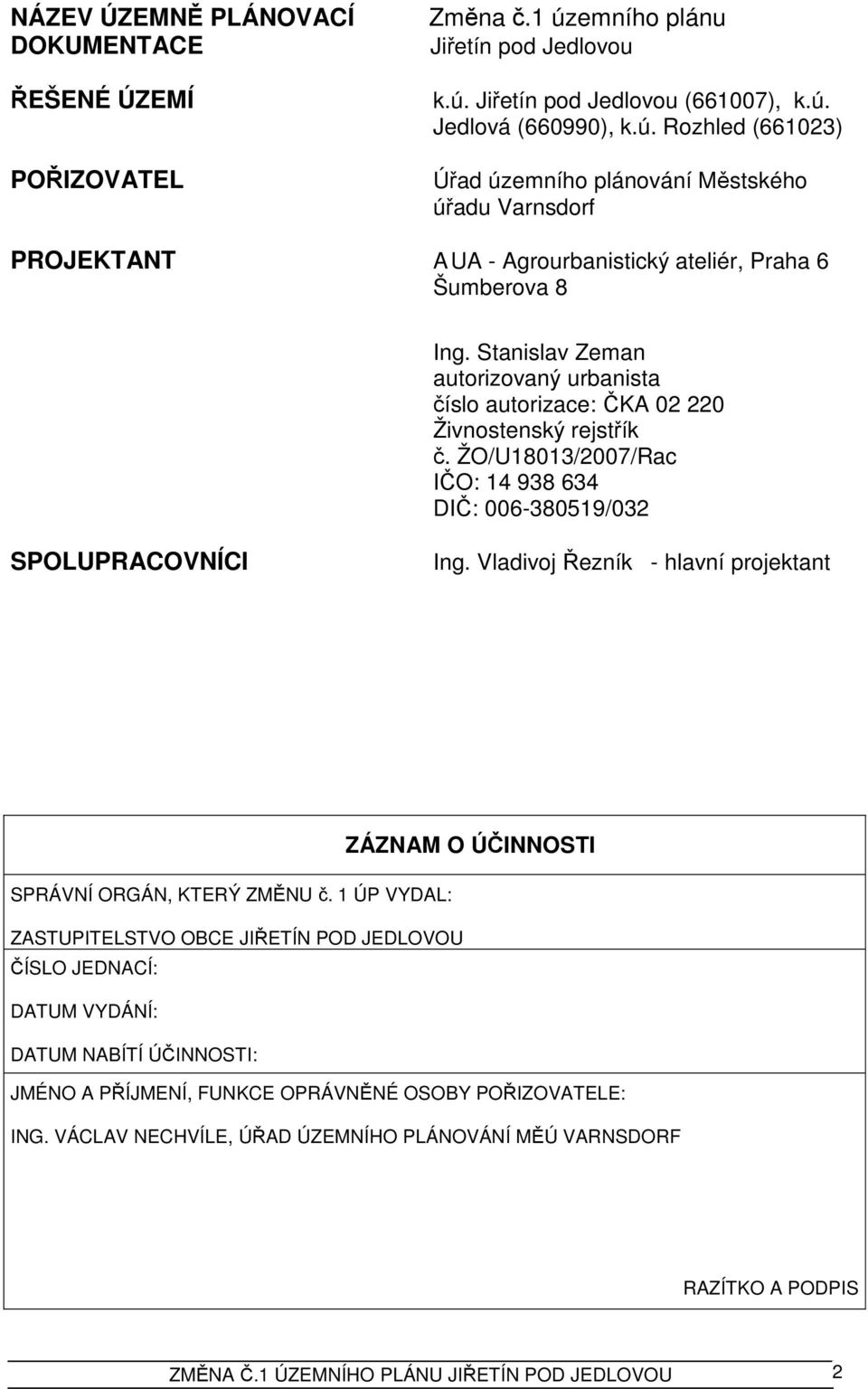 Stanislav Zeman autorizovaný urbanista číslo autorizace: ČKA 02 220 Živnostenský rejstřík č. ŽO/U18013/2007/Rac IČO: 14 938 634 DIČ: 006-380519/032 SPOLUPRACOVNÍCI Ing.