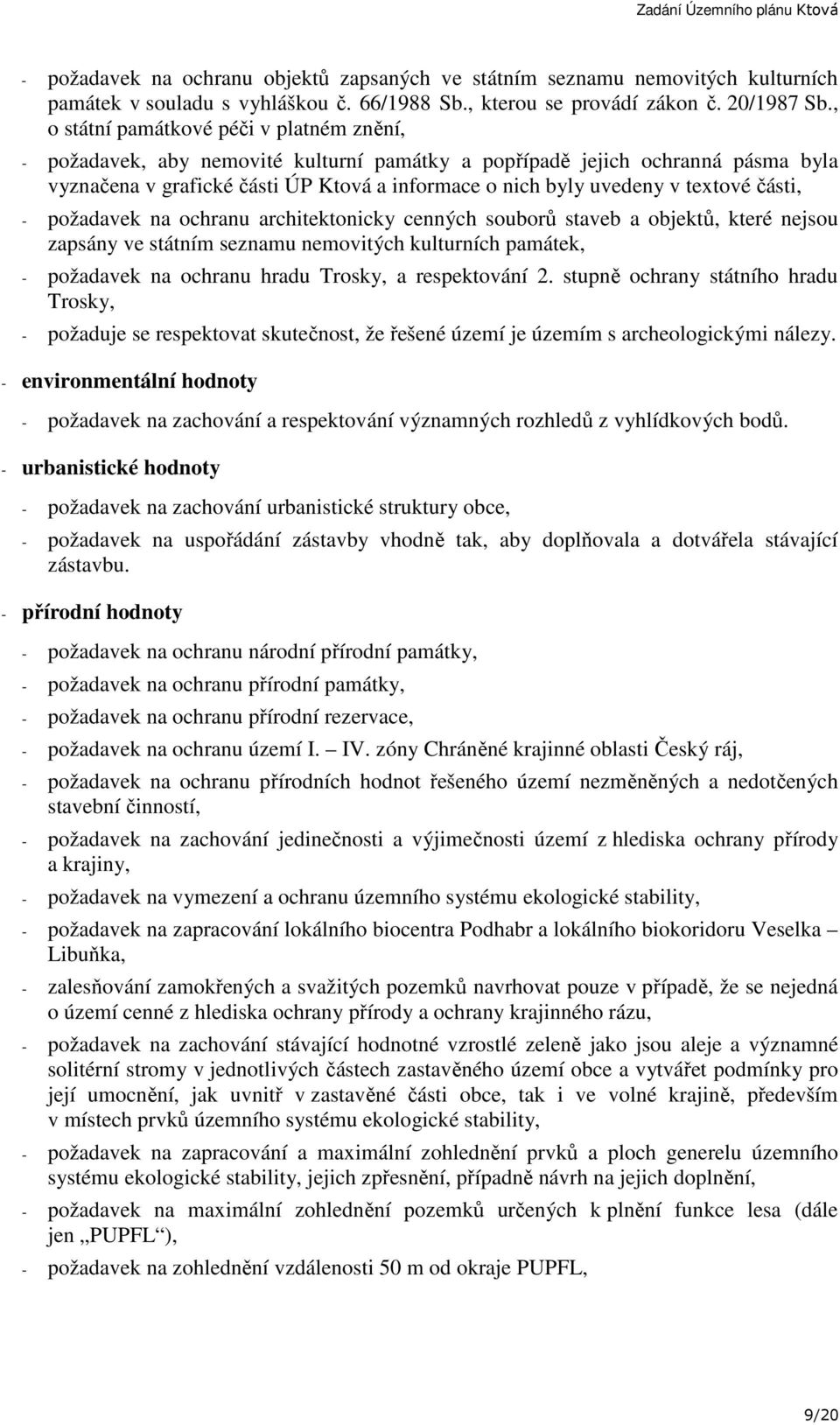 textové části, - požadavek na ochranu architektonicky cenných souborů staveb a objektů, které nejsou zapsány ve státním seznamu nemovitých kulturních památek, - požadavek na ochranu hradu Trosky, a