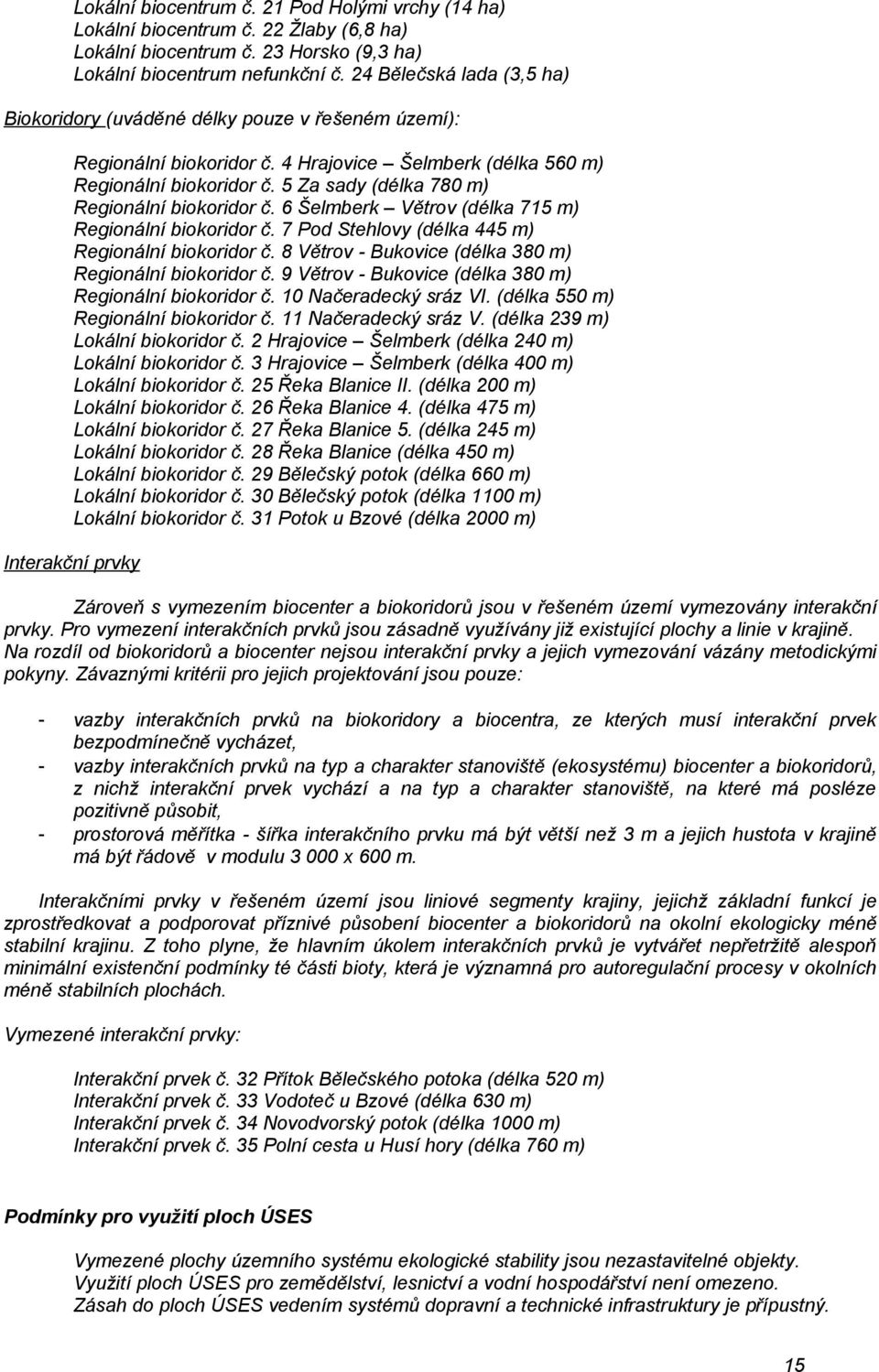 5 Za sady (délka 780 m) Regionální biokoridor č. 6 Šelmberk Větrov (délka 715 m) Regionální biokoridor č. 7 Pod Stehlovy (délka 445 m) Regionální biokoridor č.