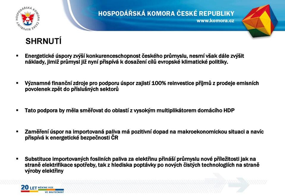 multiplikátorem domácího HDP Zaměření úspor na importovaná paliva má pozitivní dopad na makroekonomickou situaci a navíc přispívá k energetické bezpečnosti ČR Substituce importovaných