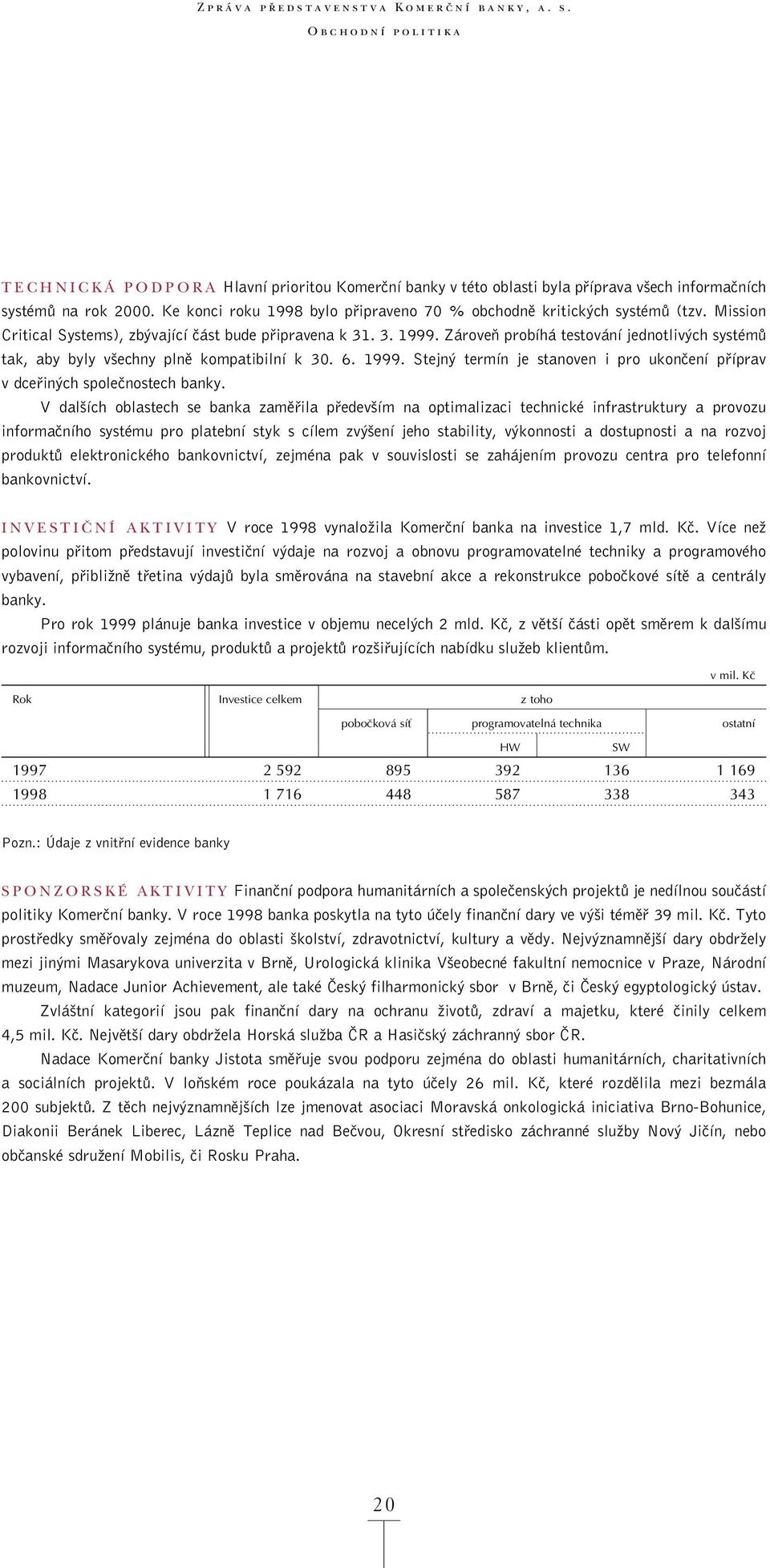 ZároveÀ probíhá testování jednotliv ch systémû tak, aby byly v echny plnû kompatibilní k 30. 6. 1999. Stejn termín je stanoven i pro ukonãení pfiíprav v dcefiin ch spoleãnostech banky.