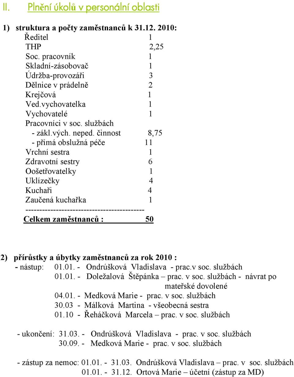 8,75 - přímá obslužná péče 11 Vrchní sestra 1 Zdravotní sestry 6 Oošetřovatelky 1 Uklízečky 4 Kuchaři 4 Zaučená kuchařka 1 ------------------------------------------- Celkem zaměstnanců : 50 2)