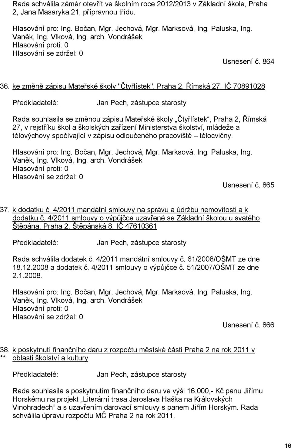 ke změně zápisu Mateřské školy "Čtyřlístek", Praha 2, Římská 27, IČ 70891028 Předkladatelé: Jan Pech, zástupce starosty Rada souhlasila se změnou zápisu Mateřské školy Čtyřlístek, Praha 2, Římská 27,